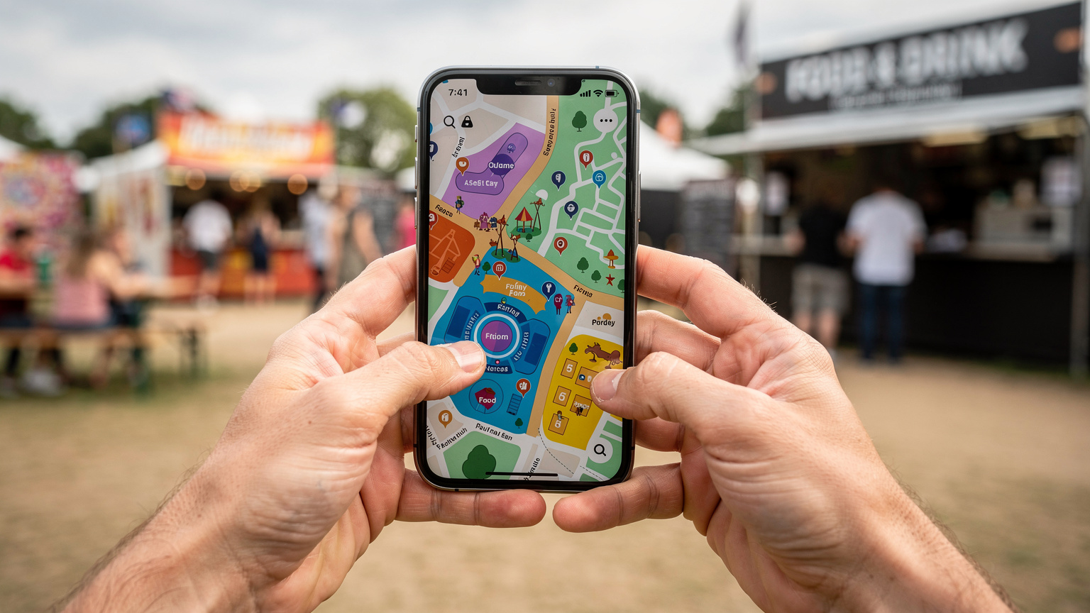 Nahaufnahme der Hände einer Person, die auf einem Smartphone-Bildschirm eine Karte mit bunten Festival-Symbolen und Standorten betrachtet, mit dem Hintergrund eines unscharfen Festivalgeländes.
