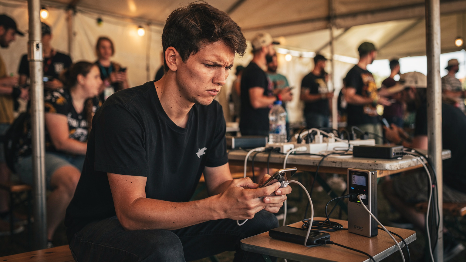 Eine Person versucht, ihr Smartphone auf einem belebten Festivalgelände aufzuladen, während sie frustriert auf den Bildschirm blickt, weil der Akku leer ist oder kein Netz vorhanden ist.