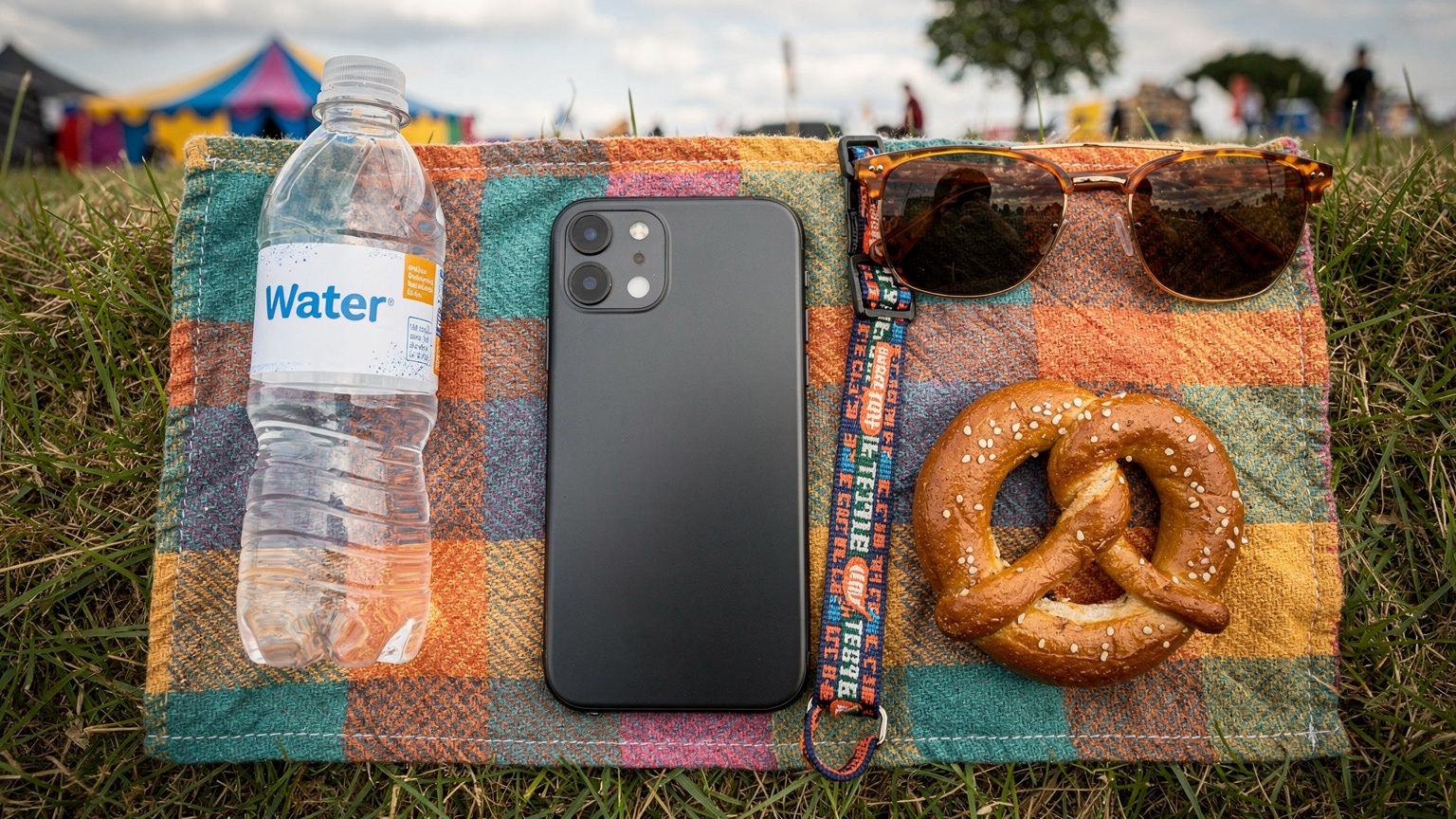 Ein Smartphone liegt auf einer Picknickdecke neben einer Sonnenbrille und einem Festivalarmband, mit einer Flasche Wasser und einem kleinen Snack in einem ruhigeren Bereich des Festivalgeländes.