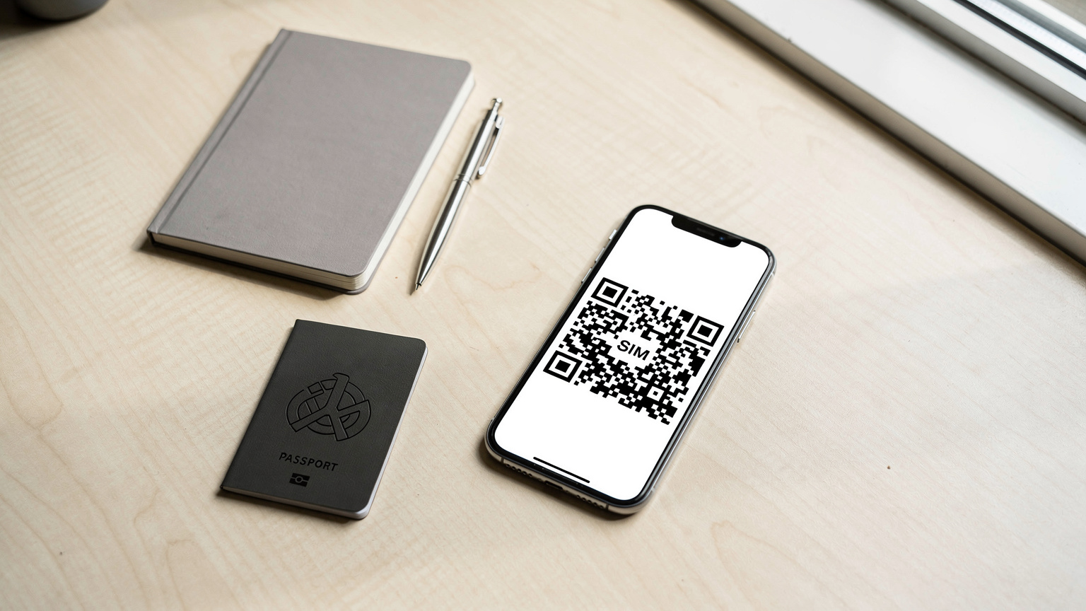Een georganiseerde flat-lay van een paspoort, een nieuwe smartphone met een QR-code op het scherm, een notitieboekje en een pen, op een minimalistisch houten bureau in een coworking space in Amsterdam.