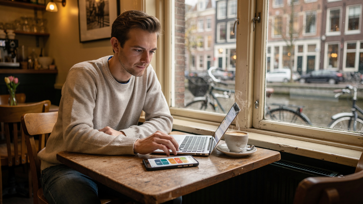 Een digitale nomade zit in een gezellig café in de Jordaan, Amsterdam, met een kop koffie en een smartphone op tafel, die de dual-SIM instellingen toont. Op de achtergrond is een glimp van de gracht te zien.