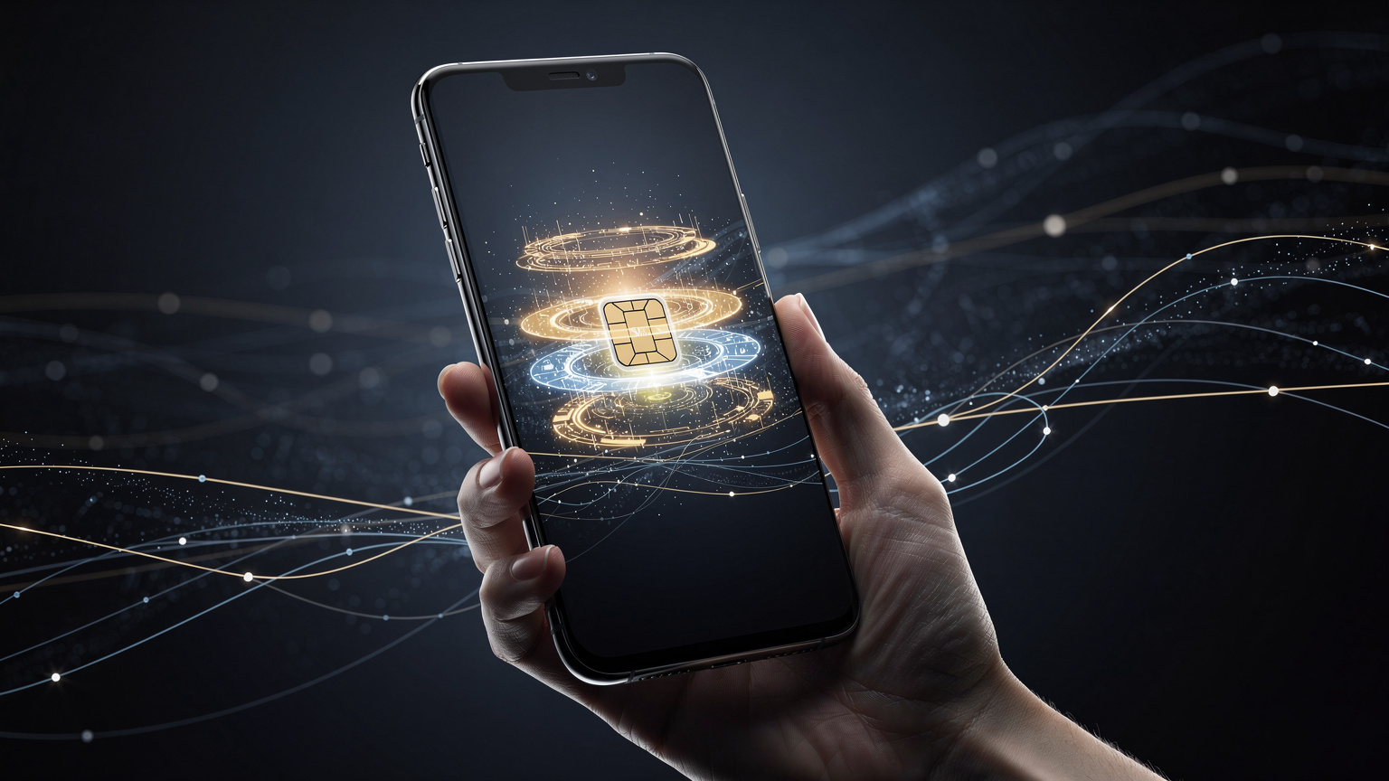 Een futuristisch en strak uitziende smartphone toont een geactiveerde eSIM-profiel op het scherm, met een achtergrond van abstracte netwerklijnen, wat de naadloze connectiviteit symboliseert.