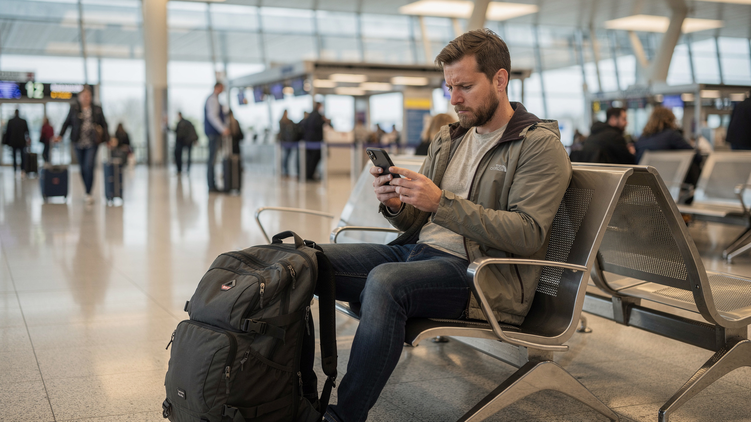 Een gefrustreerde reiziger kijkt naar zijn telefoon op een bankje in een drukke luchthaven, met zijn rugzak naast hem, zoekend naar een stabiele verbinding.