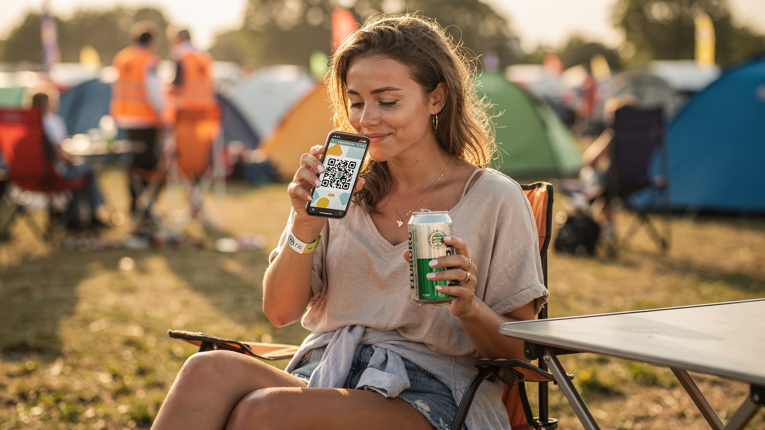 En ung kvinde sidder ved et campingbord på Roskilde Festival, hendes iPhone viser en eSIM-aktiveringsskærm med en QR-kode, mens hun nipper til en dåseøl. Hun ser afslappet og tilfreds ud.