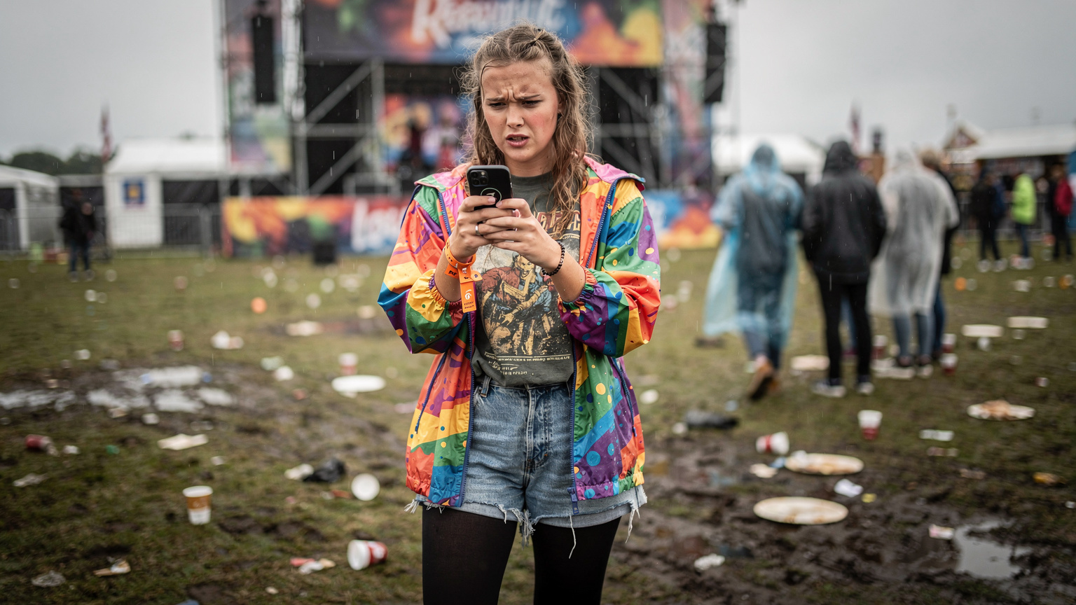En ung festivalgænger i farverigt tøj kæmper med en dårlig mobilforbindelse på Roskilde Festival-pladsen, hendes ansigt udtrykker frustration, mens hun kigger på sin smartphone.