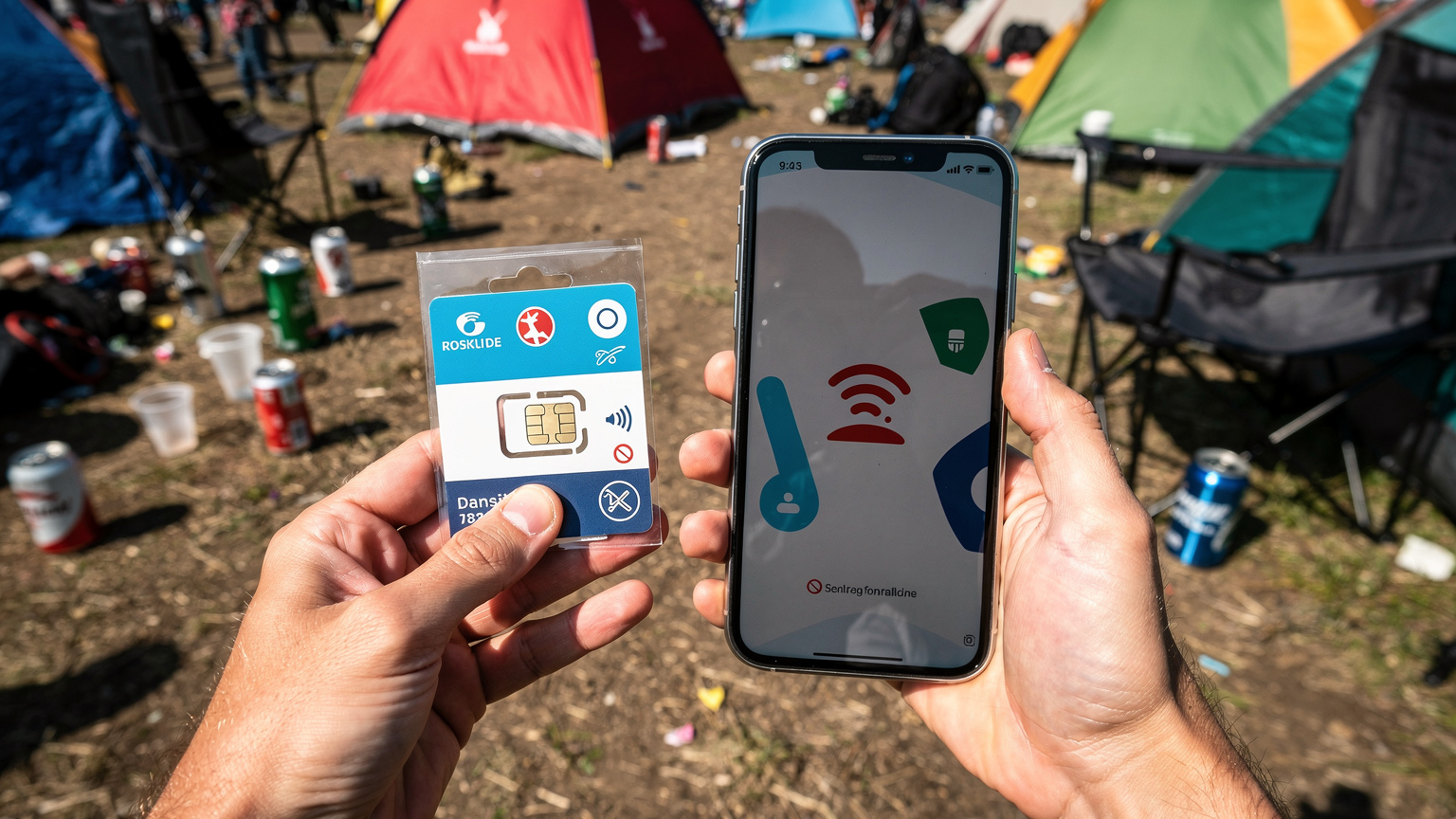 En hånd holder en lille pakke med et dansk fysisk SIM-kort, mens en anden hånd holder en smartphone, der viser en 'intet signal'-advarsel, ved en travl festivalcampingplads.
