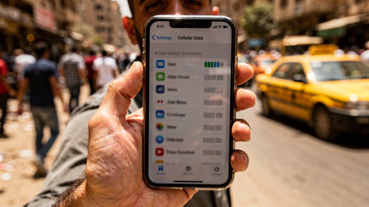 Рука человека, держащего iPhone, на экране которого отображается раздел «Сотовые данные» в настройках iOS, показывающий статистику использования данных различными приложениями, на заднем плане размытая, шумная улица Каира.
