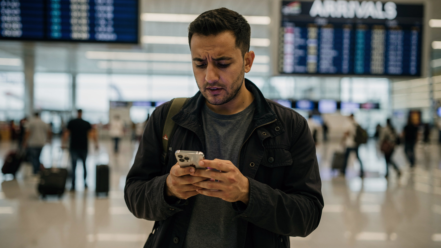 Мужчина-турист с озабоченным выражением лица смотрит на свой iPhone, стоя в зале прилета международного аэропорта Каира, на заднем плане видны большие информационные табло с расписанием рейсов и спешащие пассажиры.