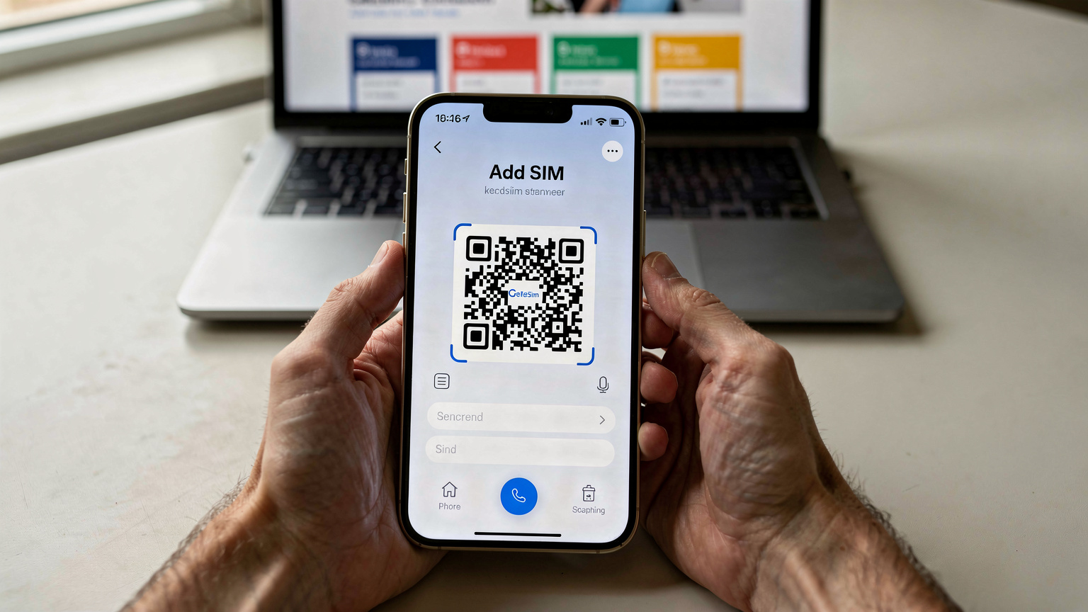 Крупный план рук, держащих iPhone с открытым экраном, на котором отображается процесс сканирования QR-кода для установки eSIM, на заднем плане размытый экран ноутбука с сайтом Cellesim.