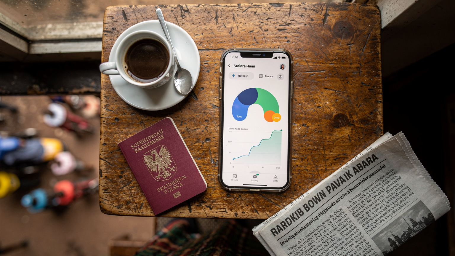 Widok z góry na stolik kawiarniany w Nairobi, na którym leży smartfon z wyświetloną aplikacją do śledzenia zużycia danych, obok paszportu, małej kawy i lokalnej gazety.