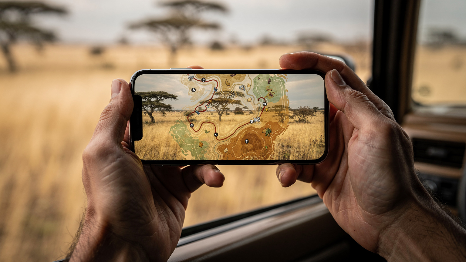 Szczegółowe zdjęcie rąk trzymających smartfon, na którym wyświetla się mapa z zaznaczoną trasą safari, z rozmazanym widokiem z okna jeepa na sawannę w tle.
