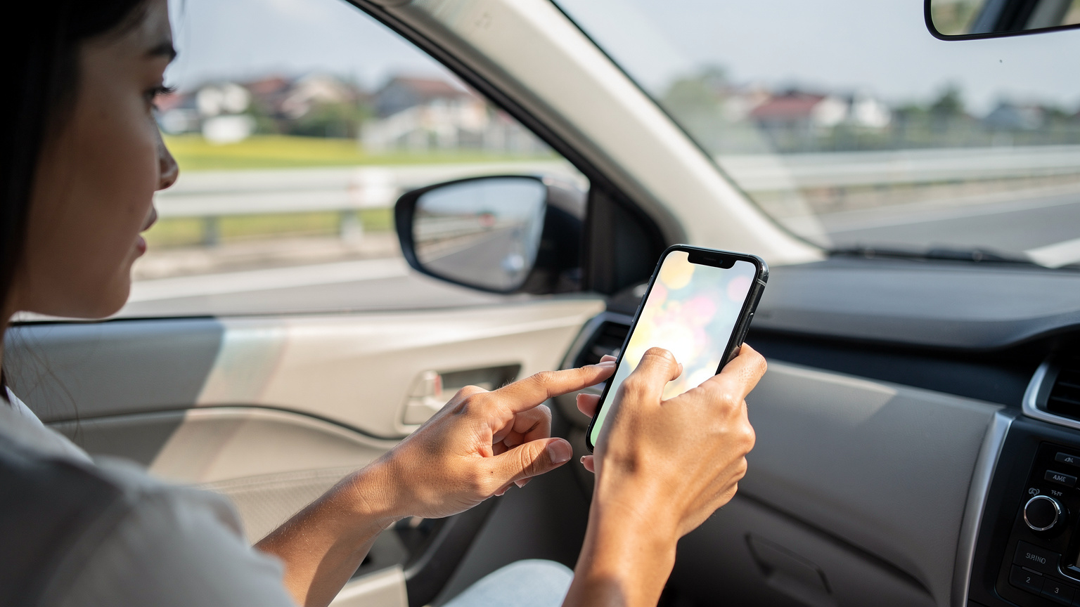 Seorang wanita muda memegang ponselnya dengan satu tangan dan mencoba mengaktifkan eSIM di layar sambil duduk di kursi penumpang mobil yang melaju di jalan tol, menunjukkan kemudahan penggunaan teknologi ini dalam perjalanan.