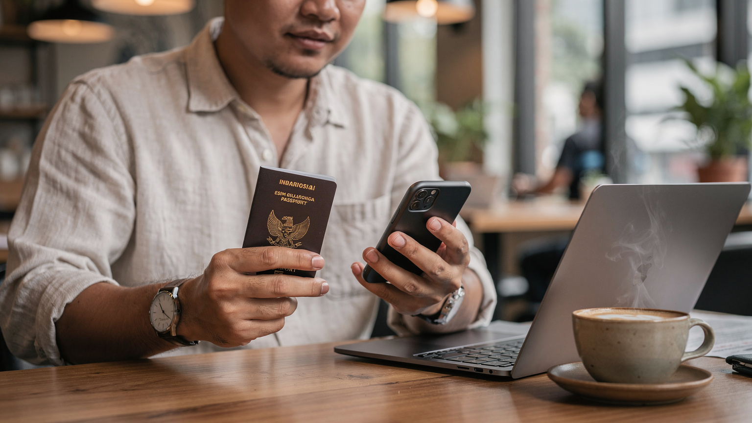 Seorang pria memegang paspornya dan ponselnya, sedang menelusuri pilihan paket eSIM di aplikasi Cellesim di sebuah kafe modern di Jakarta, menunjukkan persiapan perjalanan internasional yang terencana.