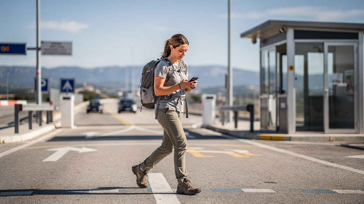 A solo female backpacker, mid-twenties, confidently walking through a border control checkpoint at a land border between two European countries, glancing at her smartphone with a relaxed expression, with border signs and a guard booth in the mid-ground.