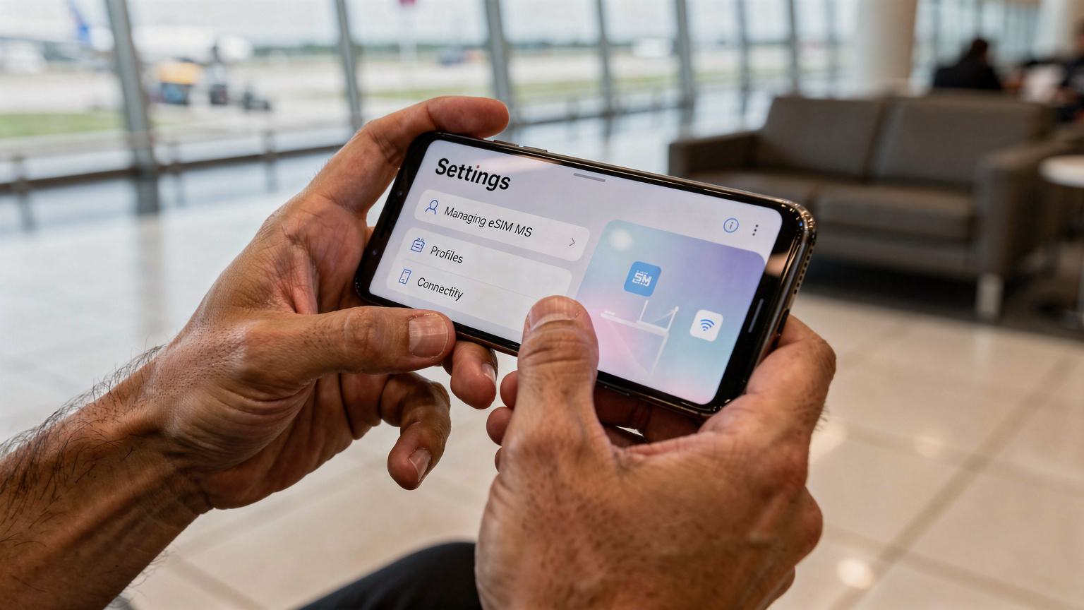 A traveler's hands holding a smartphone, displaying the phone's cellular settings menu with a list of eSIM profiles, against a softly blurred background of a modern airport lounge with seating and subtle architectural details.