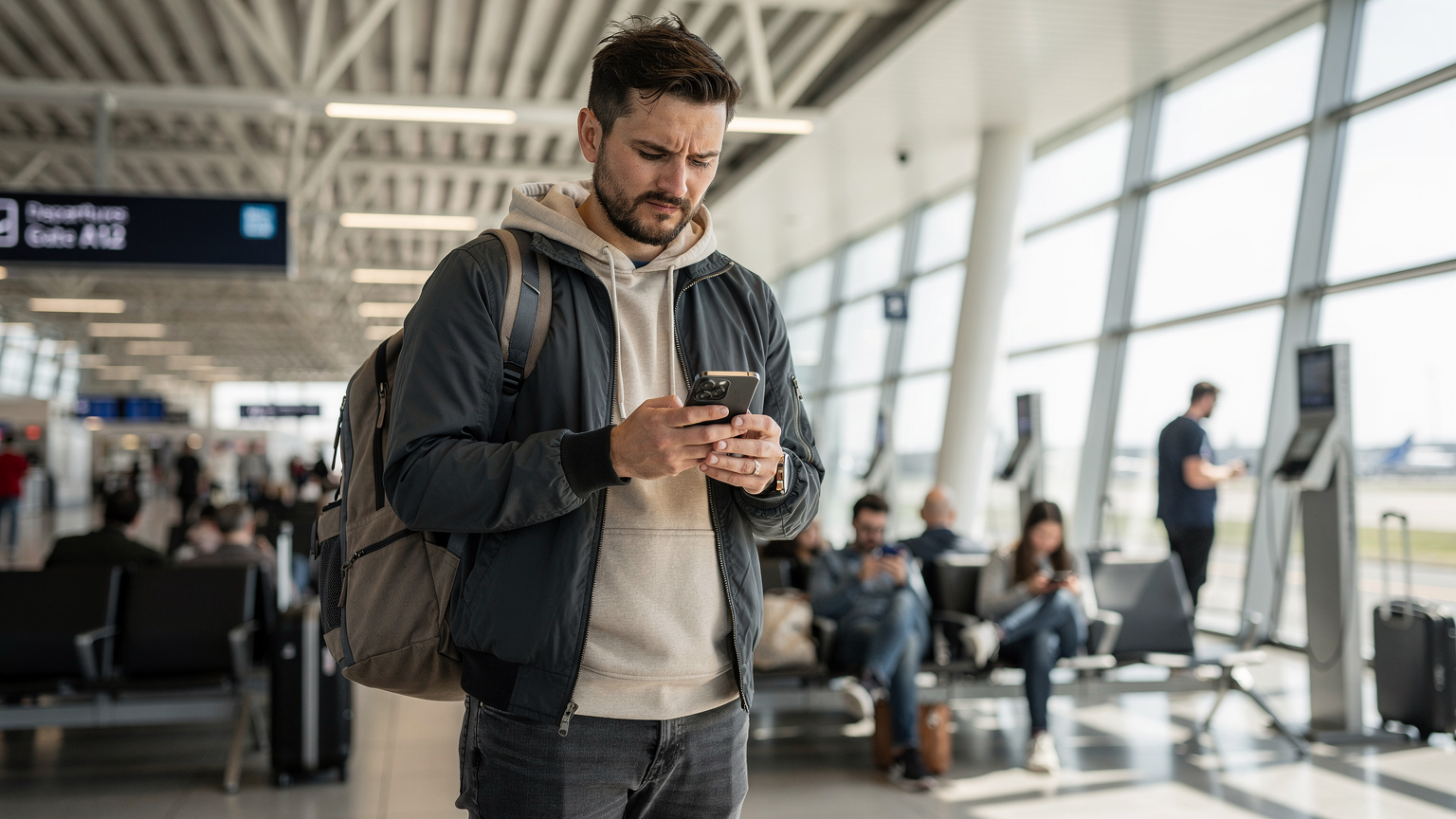 Ein besorgter Reisender am Flughafen Berlin Brandenburg (BER) blickt auf sein Smartphone, während er versucht, eine Verbindung herzustellen, mit anderen Reisenden im Hintergrund, die ihre Geräte nutzen.