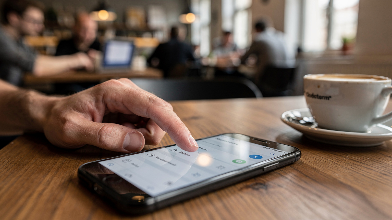 Nahaufnahme einer Hand, die auf einem Smartphone-Bildschirm durch die Einstellungen navigiert, um die eSIM-Option zu finden, mit unscharfem Hintergrund eines belebten Cafés und einer Tasse Kaffee.