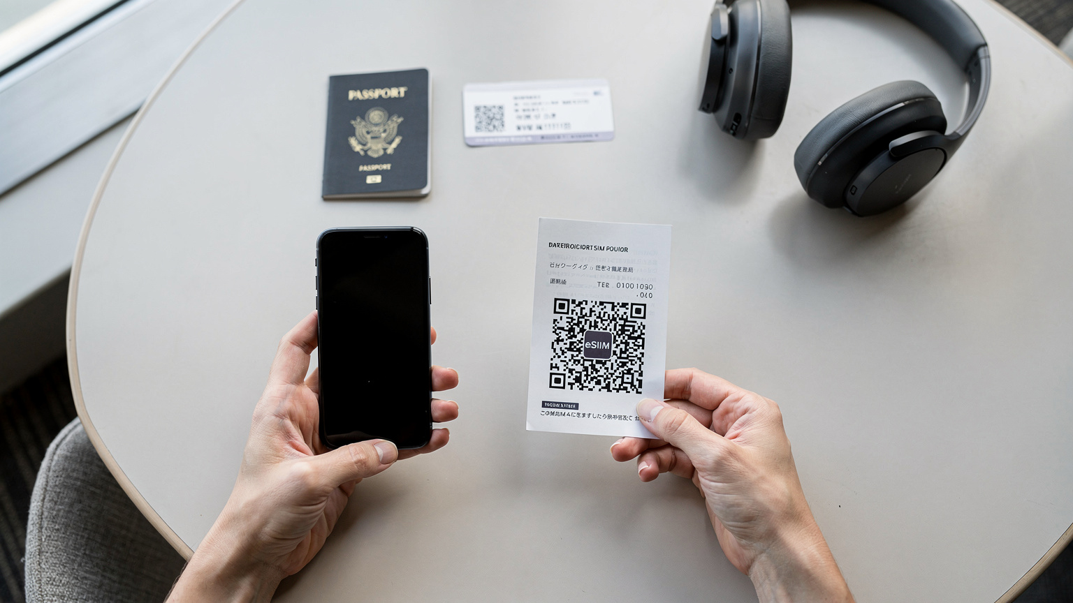 空港の待合室で、出発前の落ち着いた時間にeSIMのQRコードをスマートフォンで読み込んでいる旅行者の手元。
