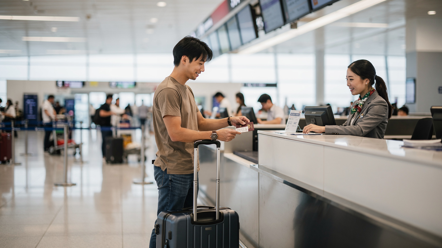 空港のチェックインカウンターで、パスポートと搭乗券を提示し、旅行の準備を整えている日本人男性。横にはキャリーバッグが置かれている。
