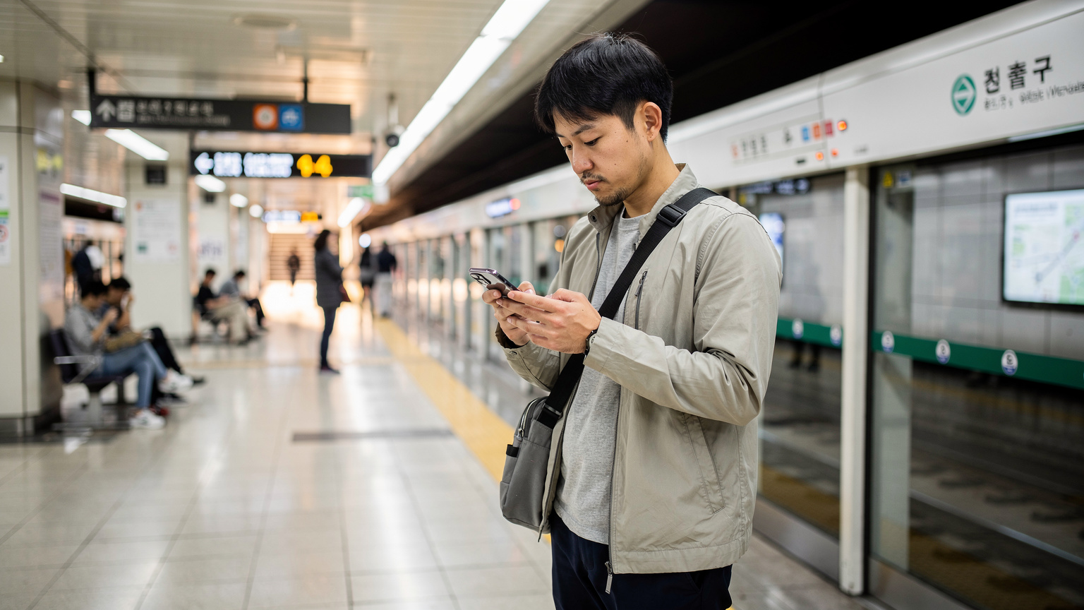 ソウルの地下鉄ホームで、Naver Mapアプリを使って次の目的地を確認している旅行者。周囲には多くの乗客が行き交っている。