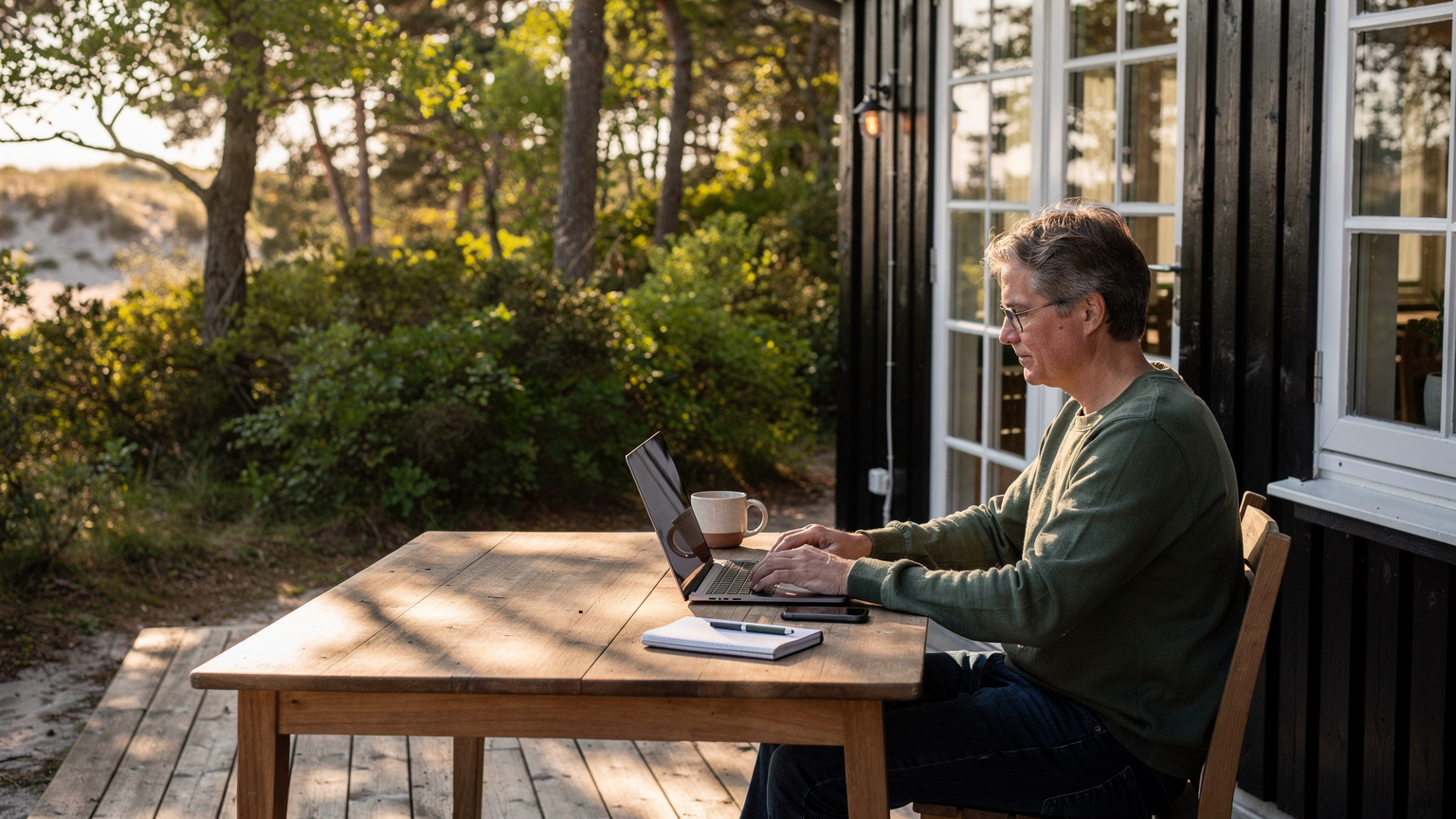 En person sidder koncentreret foran en laptop på terrassen af et sommerhus, med en kop kaffe og en smartphone ved siden af, mens en solrig dansk sommerdag omgiver dem. Solen skinner blødt, og der er grønne træer i baggrunden.