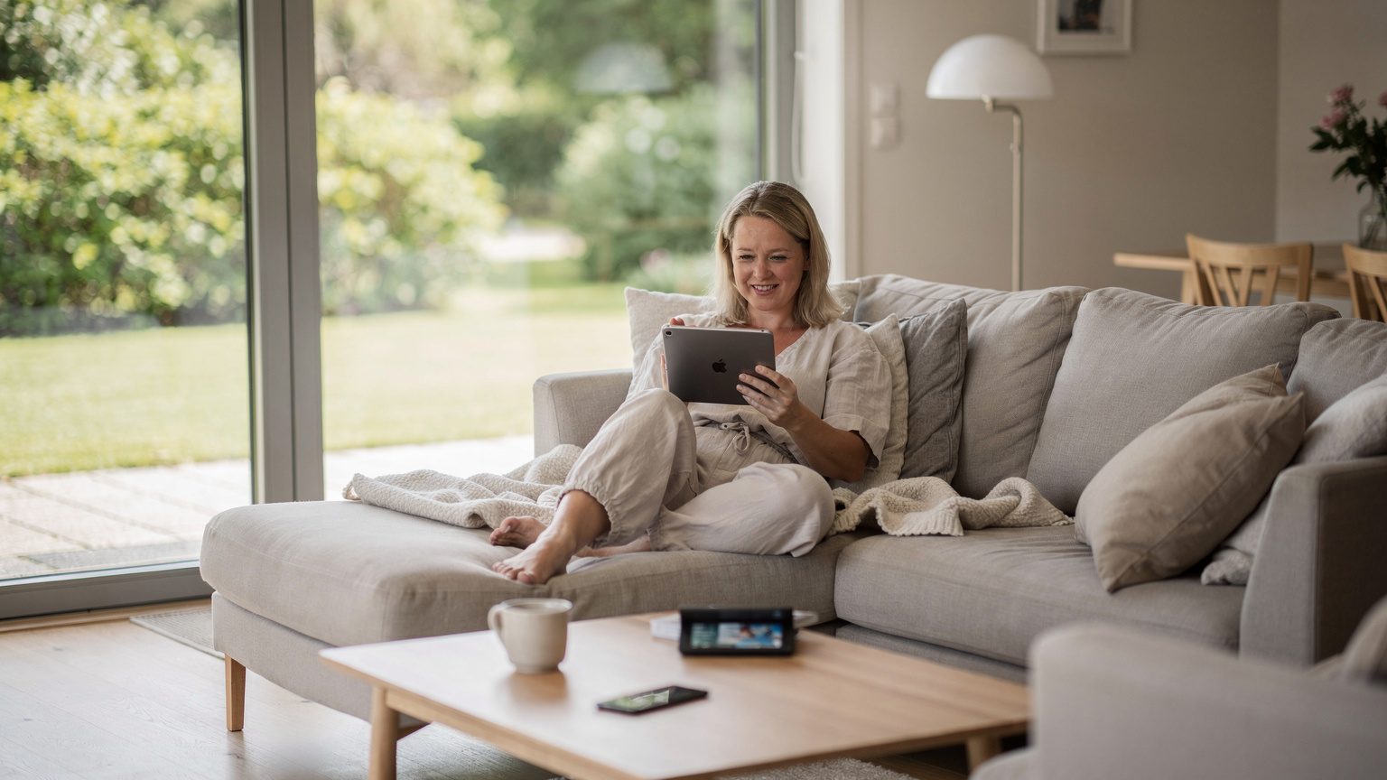 En kvinde sidder afslappet i en hyggelig stue i et dansk sommerhus, ser en film på sin tablet, mens hendes telefon ligger ved siden af, tydeligt forbundet og klar til brug.