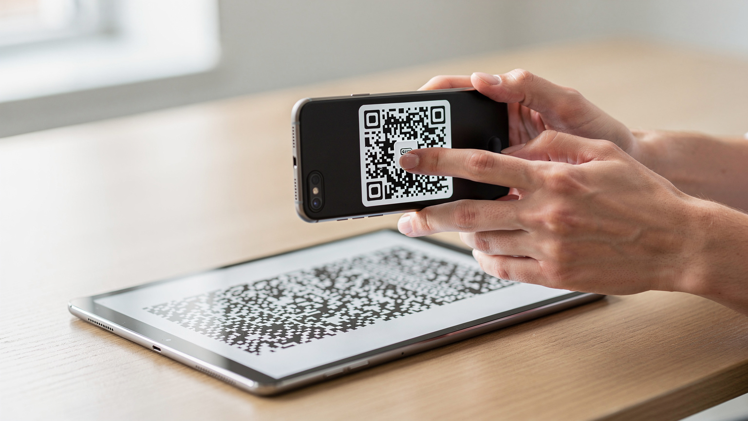 Nærbillede af en persons hænder, der holder en smartphone og scanner en QR-kode fra en anden telefon eller en udskrevet side, med fokus på den digitale aktiveringsproces af et eSIM.