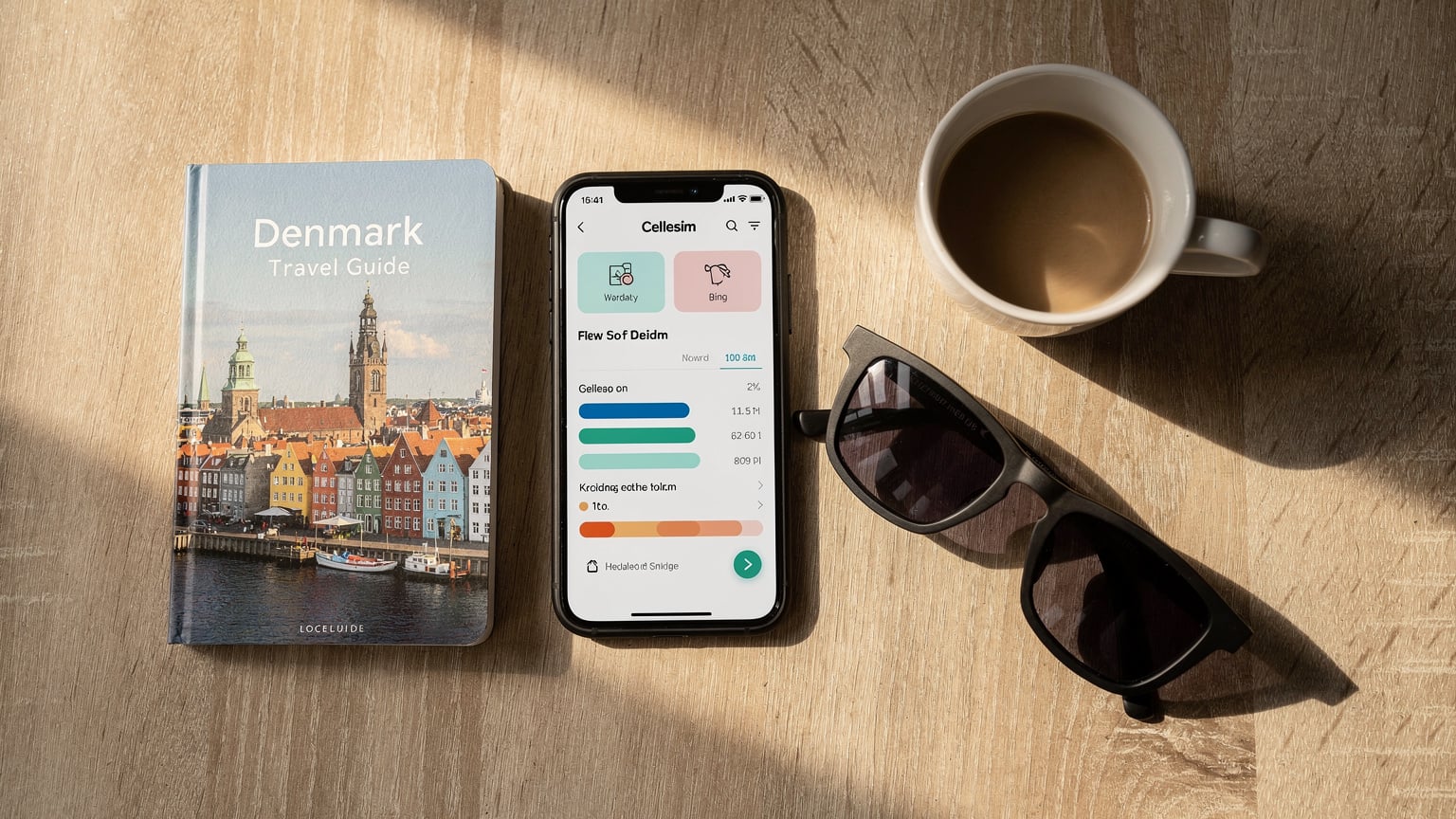 En tæt, editorial flat-lay af et dansk sommerferiebord: en smartphone med en Cellesim-app åben, et par solbriller, en lokal guidebog over Danmark, og en kop kaffe. Sollys falder ind fra siden.