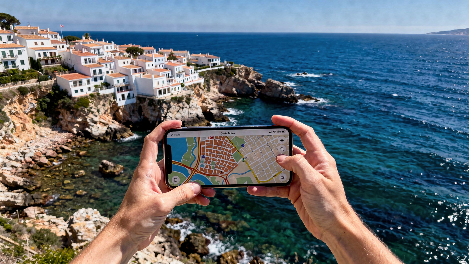 Ręce trzymają smartfon z otwartą aplikacją mapy, wskazującą malowniczą wioskę na Costa Brava, z błękitnym morzem i skalistymi zatoczkami w tle.