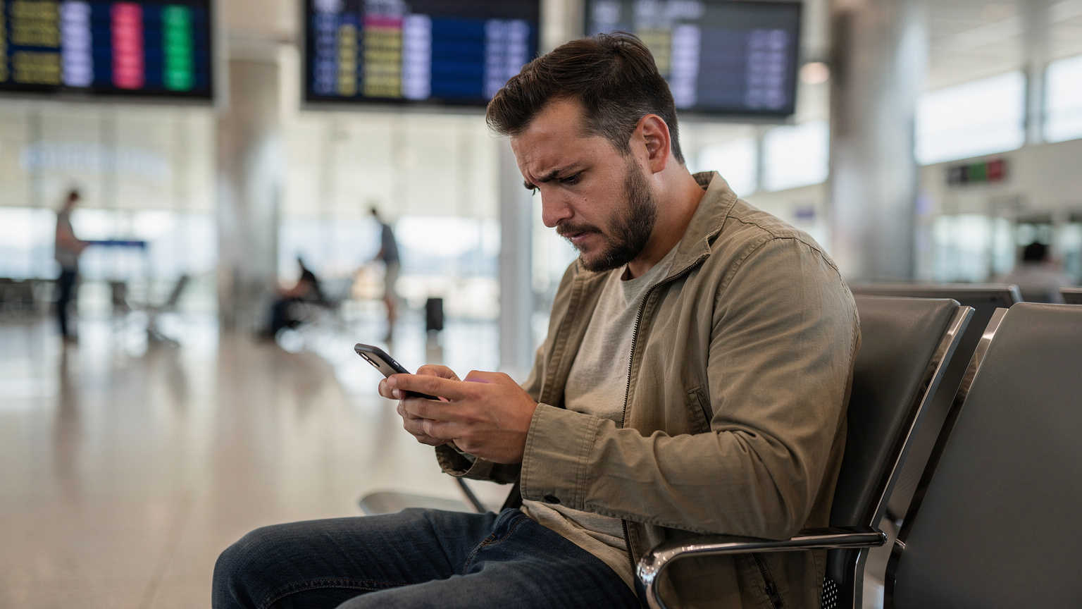 Zniecierpliwiony podróżnik patrzy na smartfon z komunikatem o braku połączenia, siedząc na krześle na lotnisku w Maladze, z tablicą odlotów w tle.