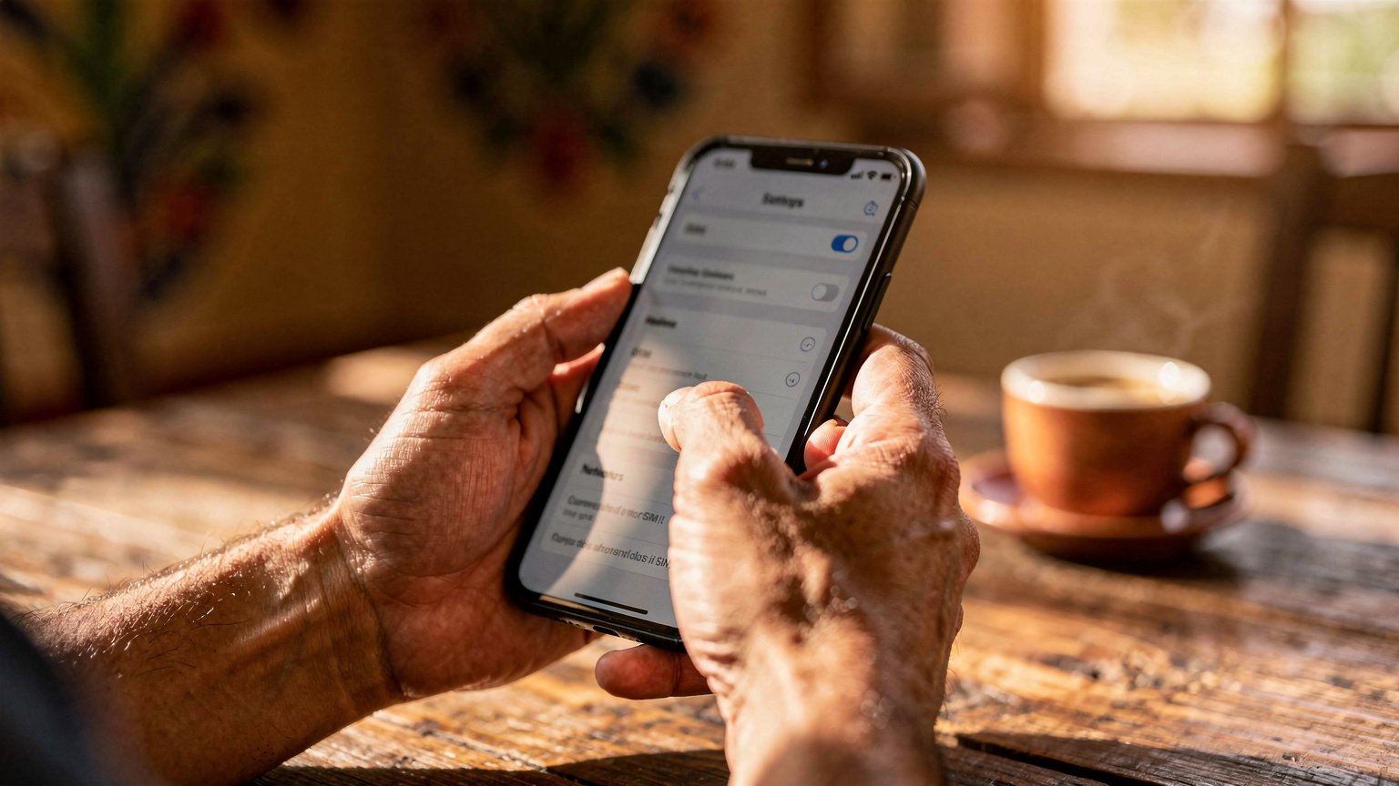 Nahaufnahme von Händen, die ein Smartphone halten und über das Einstellungsmenü navigieren, um eine eSIM zu aktivieren, auf einem hölzernen Tisch in einem gemütlichen mexikanischen Café bei weichem Morgenlicht, aufgenommen für eine technische Anleitung.