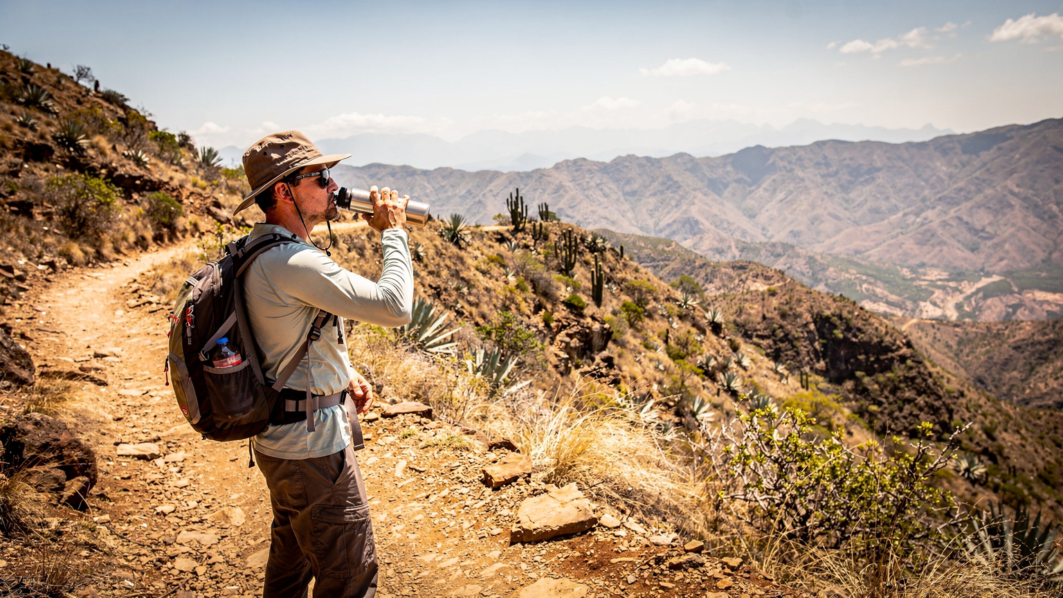 Ein Wanderer mit einem breiten Sonnenhut und Sonnenbrille trinkt aus einer Wasserflasche, während er auf einem sonnigen, trockenen Bergpfad in den Bergen von Oaxaca, Mexiko, eine Pause macht, aufgenommen bei hartem Mittagssonnenlicht.