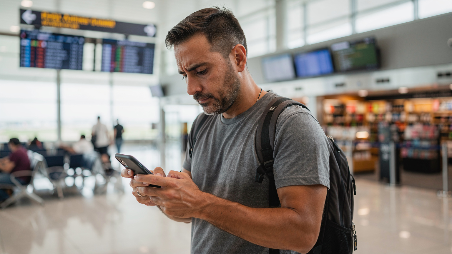 Ein Reisender überprüft sein Smartphone mit einer eSIM-Anwendung am Flughafen von Mexiko-Stadt, vor einem Duty-Free-Shop, bei hellem Tageslicht, aufgenommen für einen Reiseblog.