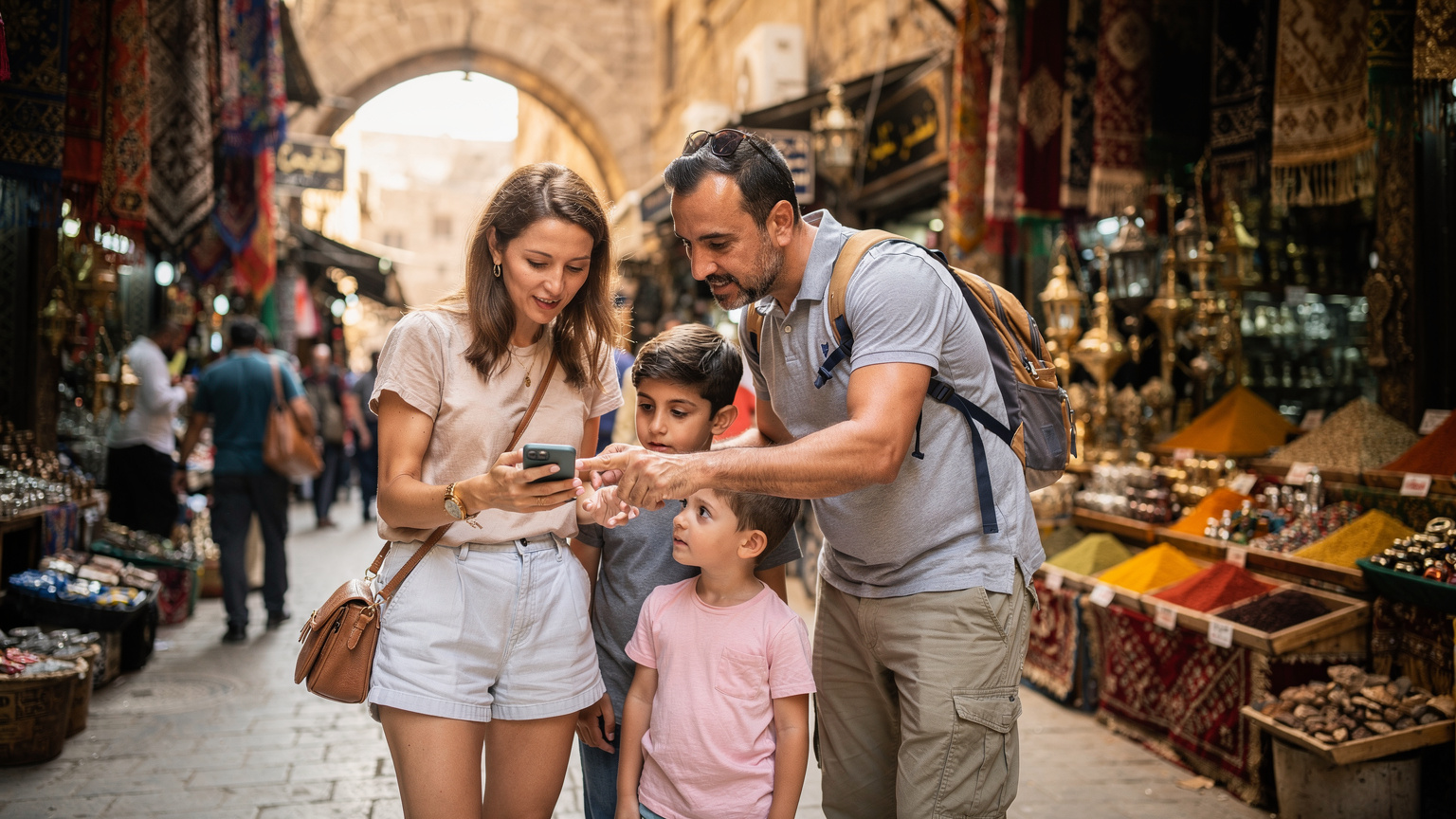 O familie, cu doi părinți și doi copii, consultând o hartă digitală pe un telefon mobil în mijlocul unei piețe vibrante și aglomerate din Cairo, cu tarabe pline de mirodenii și textile colorate în fundal.