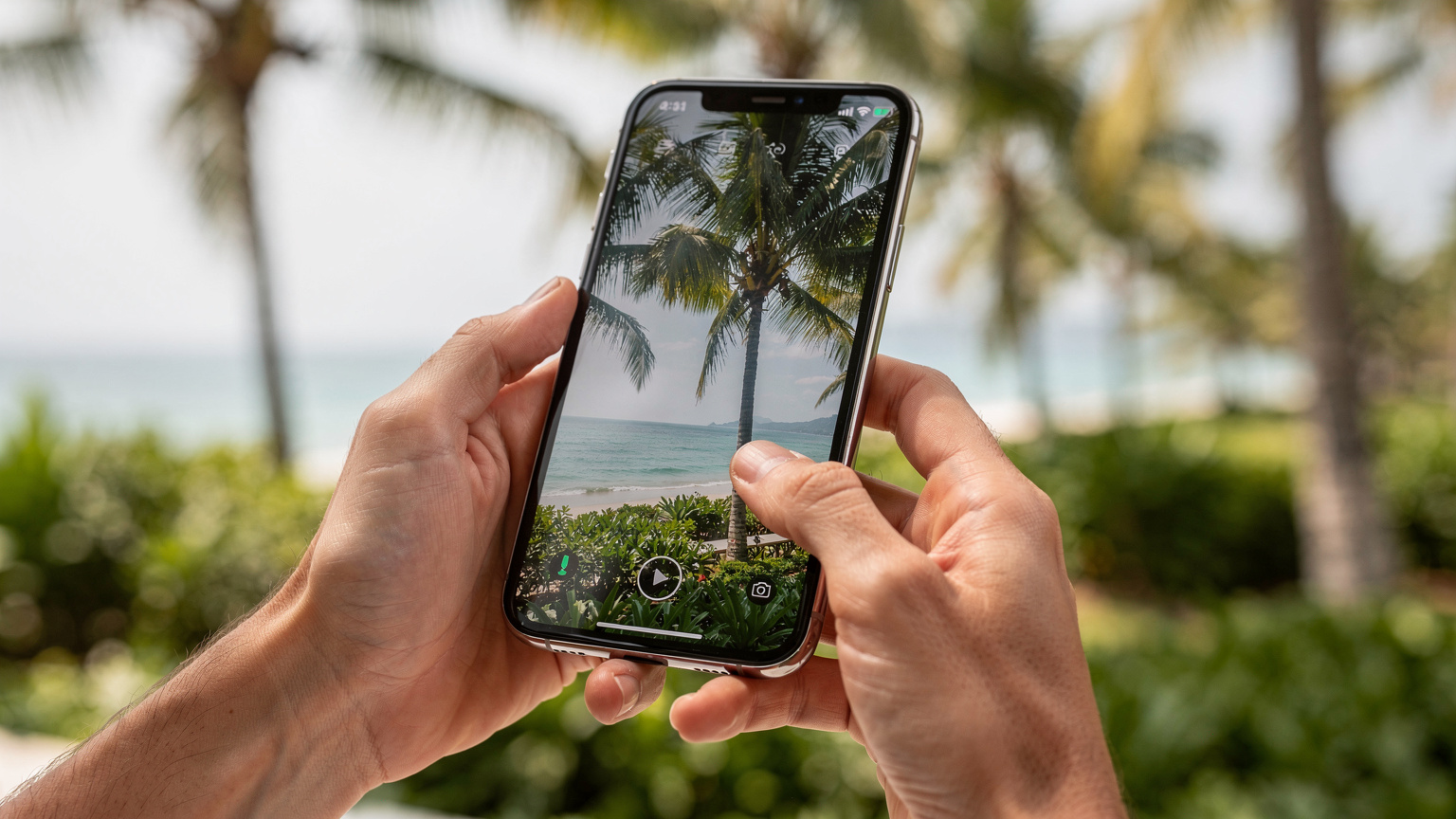 Gros plan sur des mains utilisant un smartphone pour scanner un code QR d'eSIM, avec un fond flou de paysages thaïlandais tropicaux.
