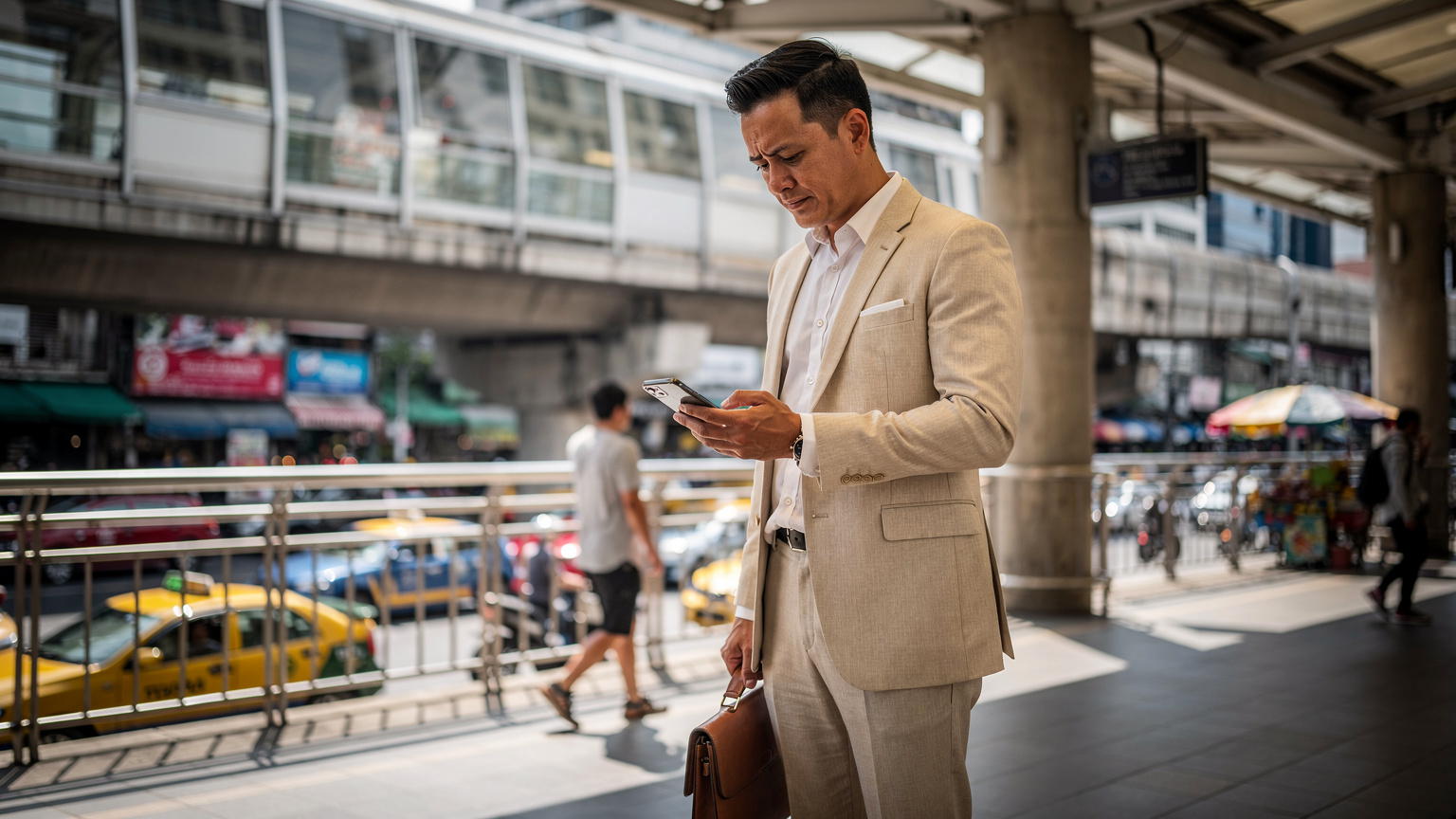 Un homme d'affaires thaïlandais en costume léger utilise son téléphone mobile près d'une station de métro aérien BTS à Bangkok, montrant la connectivité moderne dans le paysage urbain.