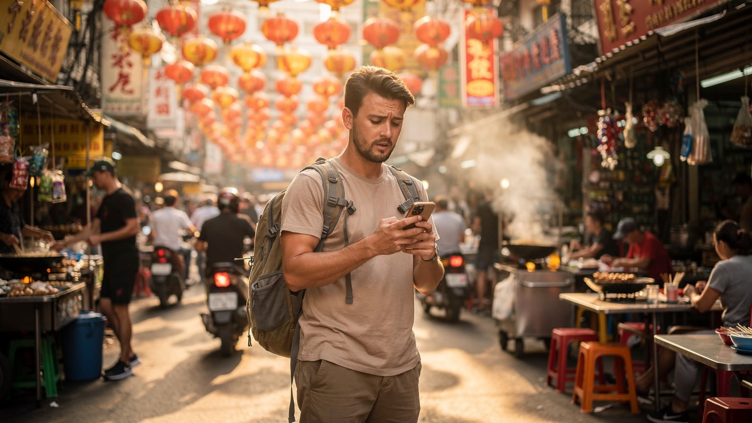 Une rue animée à Bangkok où un voyageur consulte son téléphone, cherchant son chemin, tandis que des motos et des stands de nourriture créent une atmosphère vibrante.