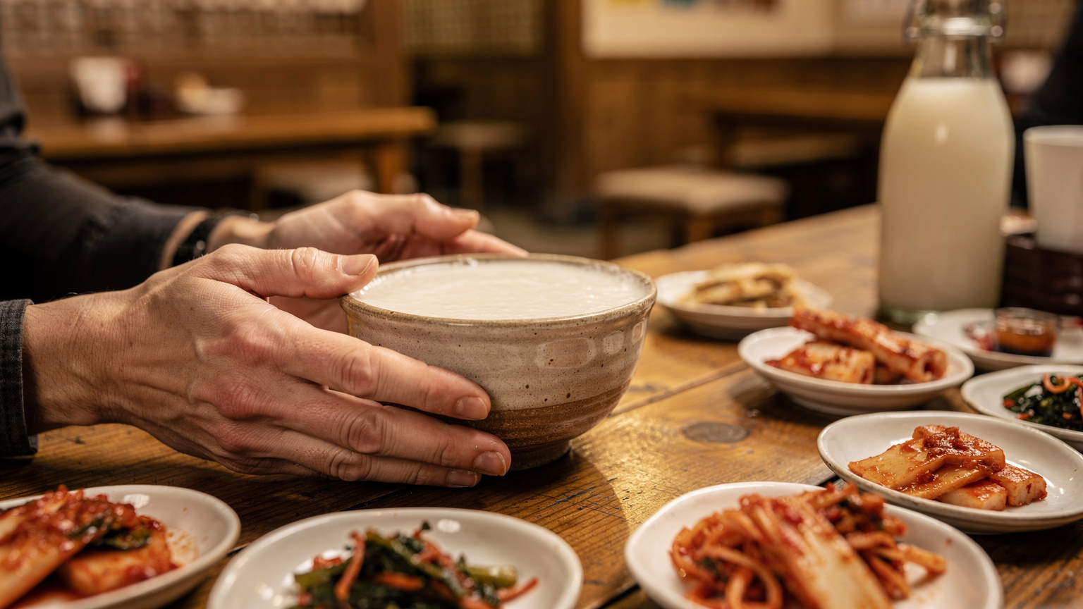 A close-up of a traveler's hands holding a glass of makgeolli, with a traditional Korean drinking setup in the background, dimly lit and cozy, emphasizing the communal aspect of Korean drinking culture.