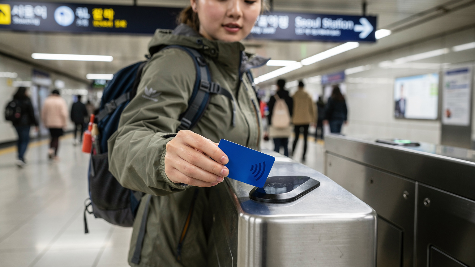A traveler uses a T-Money card to tap into the Seoul Metro system at a turnstile, with clear signage in Korean and English, showcasing the modern efficiency of the transit network.