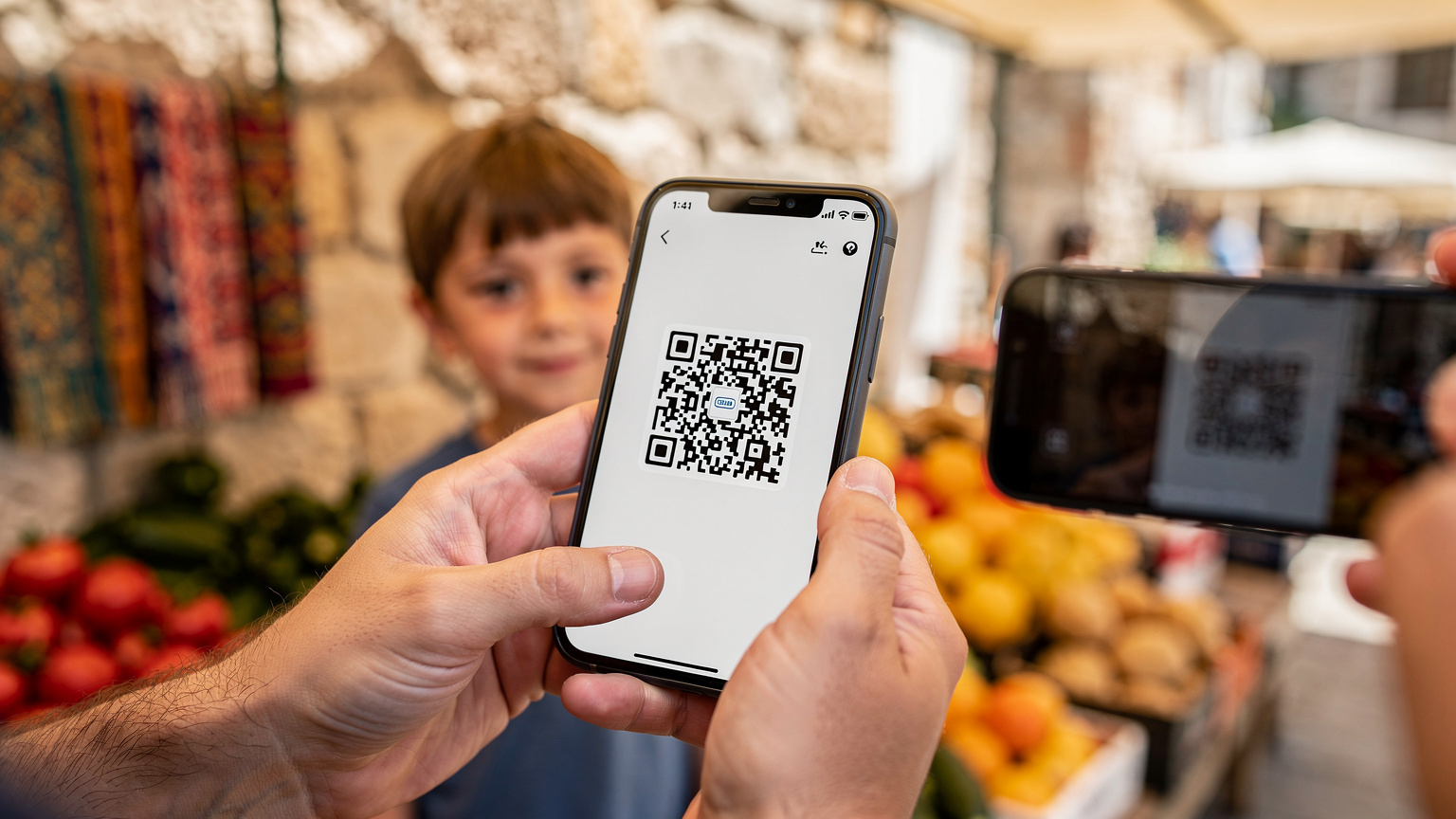 A parent's hands holding a smartphone, scanning an eSIM QR code, with a blurred child's face in the background looking curiously, set in a bright, modern Greek market.