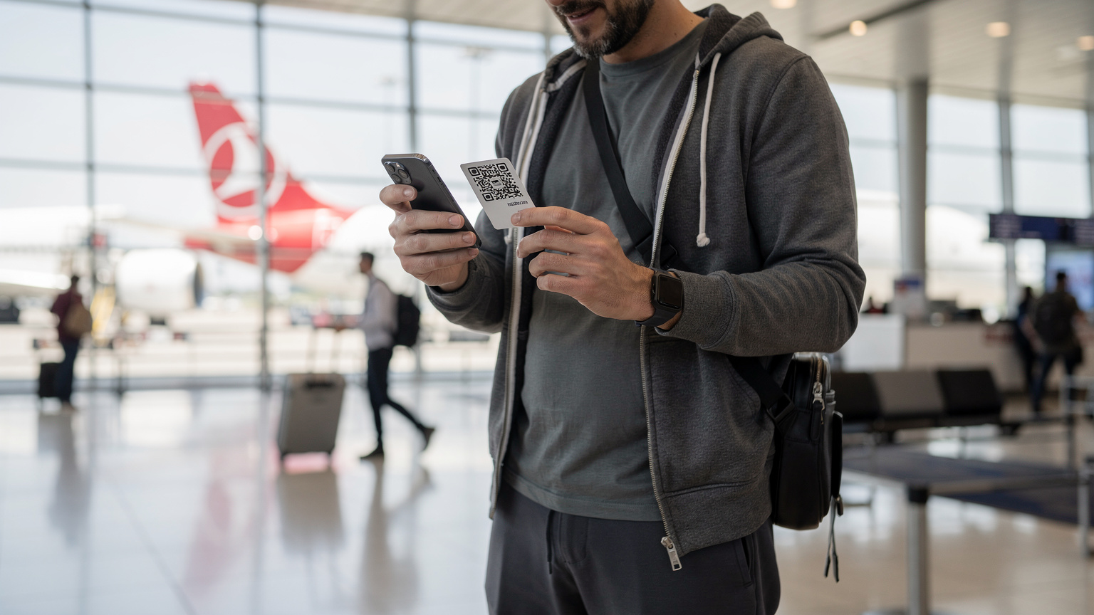 Türkiye'ye gelen bir gezgin, havaalanında telefonuna QR kod okutarak eSIM'ini aktive ediyor, arka planda Türk Hava Yolları uçağı ve İstanbul Havalimanı terminali gözüküyor.