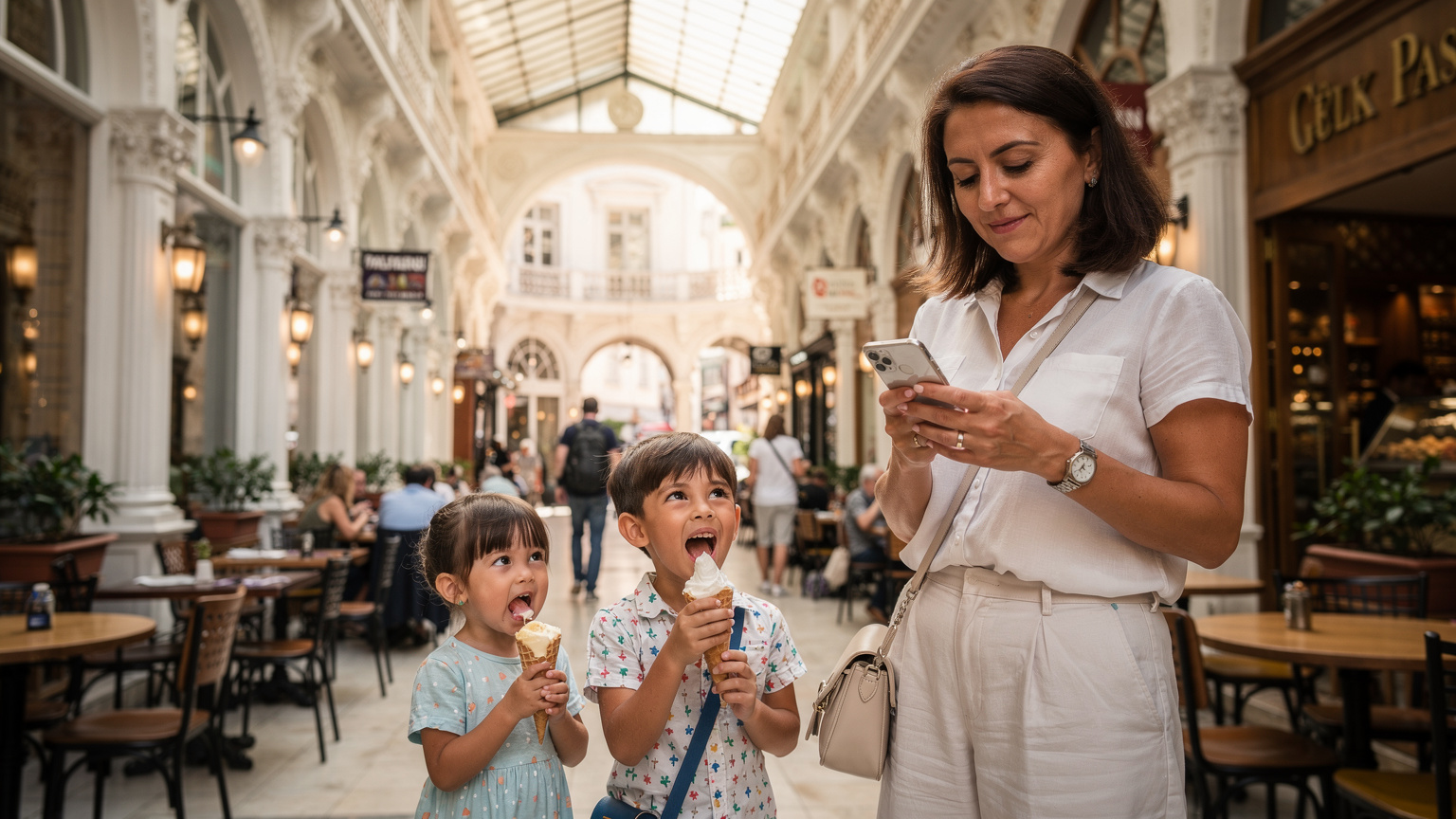 Bir annenin elinde eSIM yüklü akıllı telefon, arka planda İstanbul'un hareketli Çiçek Pasajı'nda çocukları dondurma yerken, ailenin günlük anlarını ve bağlantı ihtiyacını vurguluyor.