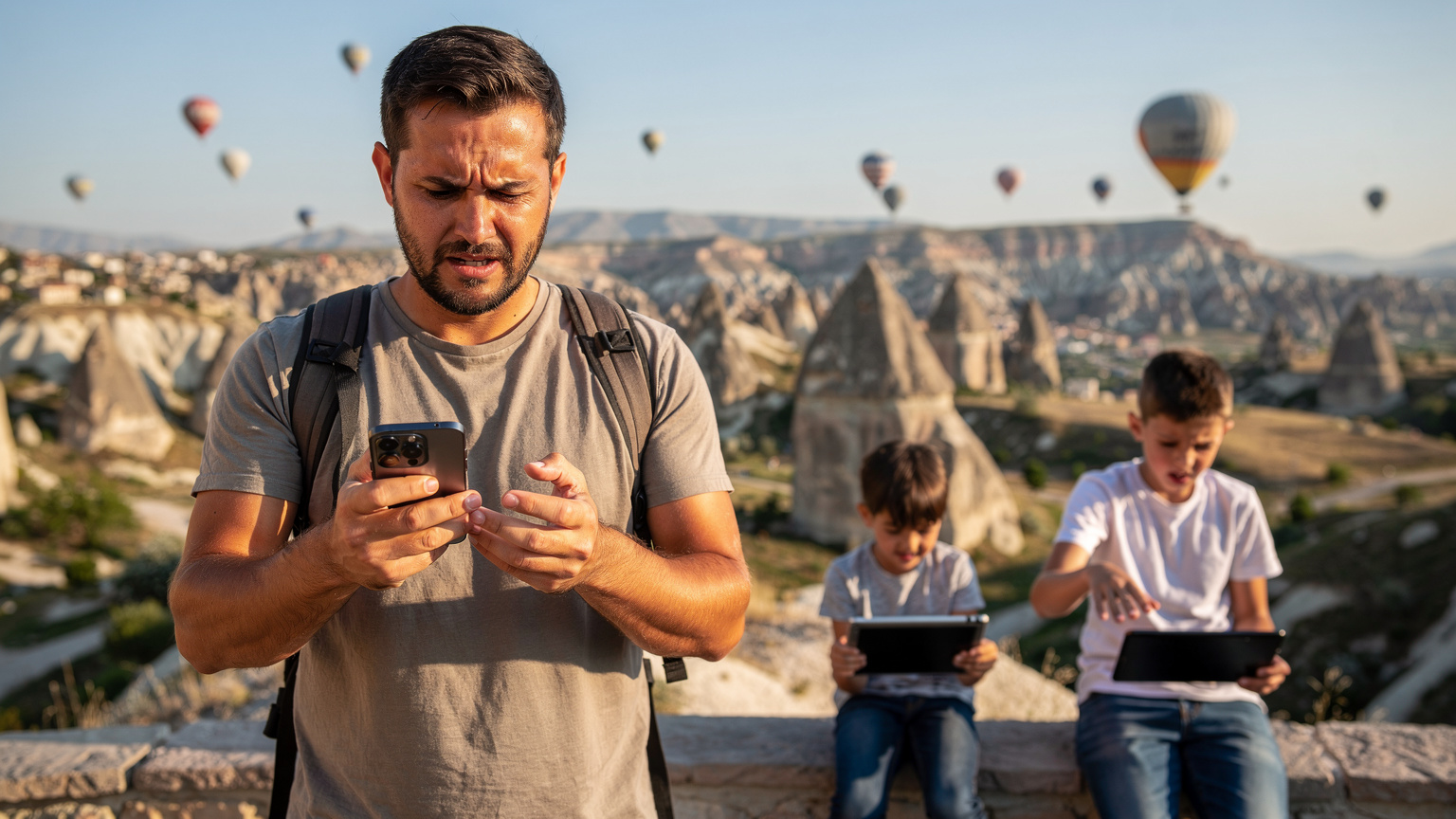 Bir baba, çocuklarının tabletlerinde internetin kesilmesi üzerine sinirle telefonuna bakarken, veri sorununun aile tatili üzerindeki etkisini gösteriyor. Arka planda Kapadokya'nın eşsiz doğal güzellikleri yer alıyor.