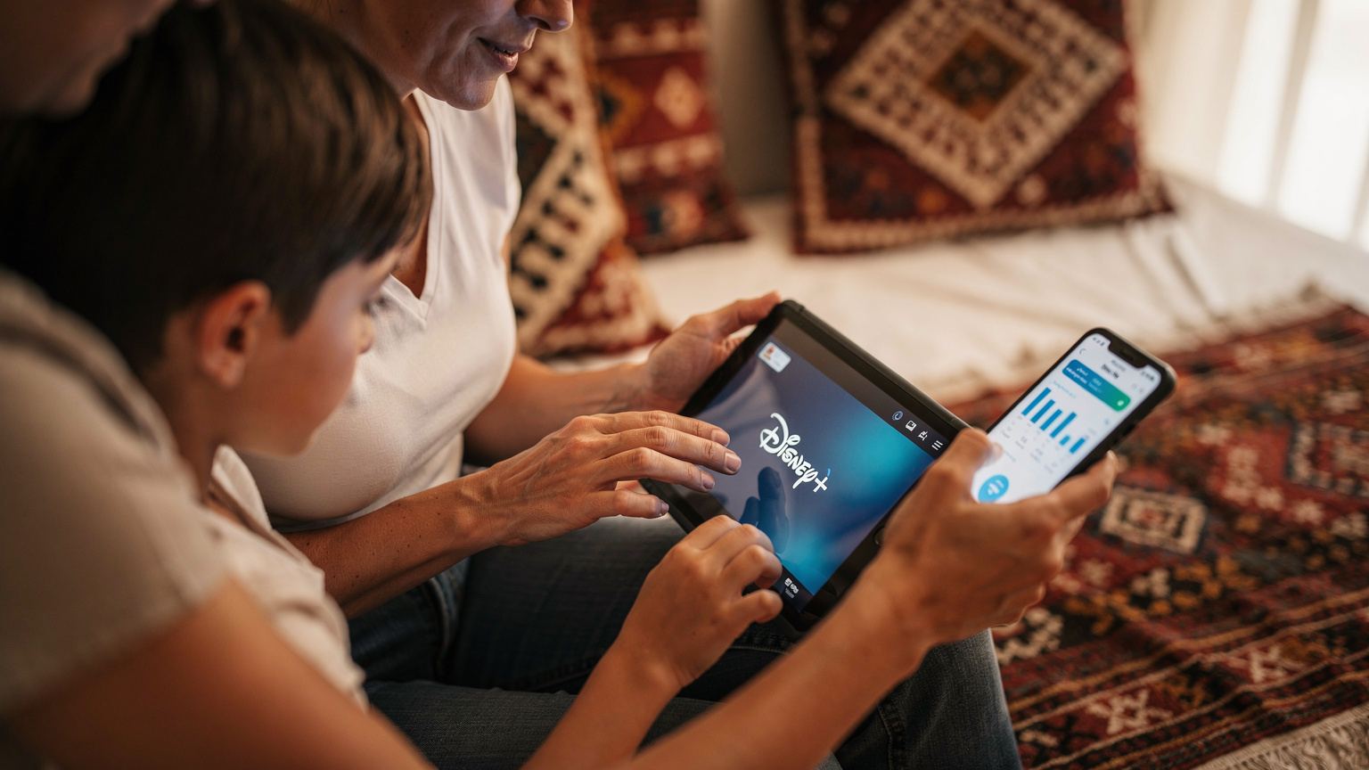 Bir ebeveyn, çocuğunun tabletinde Disney+ uygulamasını açarken, diğer yandan kendi telefonundan eSIM veri kullanımını kontrol ediyor. Bu an, ailelerin seyahatlerdeki dijital dengesini yansıtıyor.