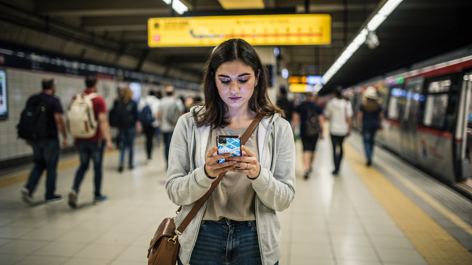 O tânără româncă într-o stație de metrou aglomerată din Istanbul, verificând rutele pe telefon, folosind un eSIM Cellesim.