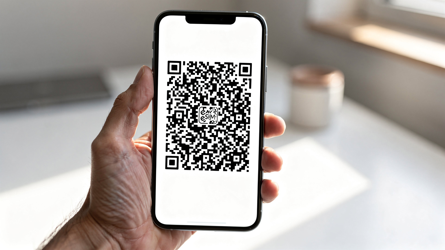 O mână ține un smartphone care afișează un cod QR pentru activarea unui eSIM, pe fundalul estompat al unui birou modern.