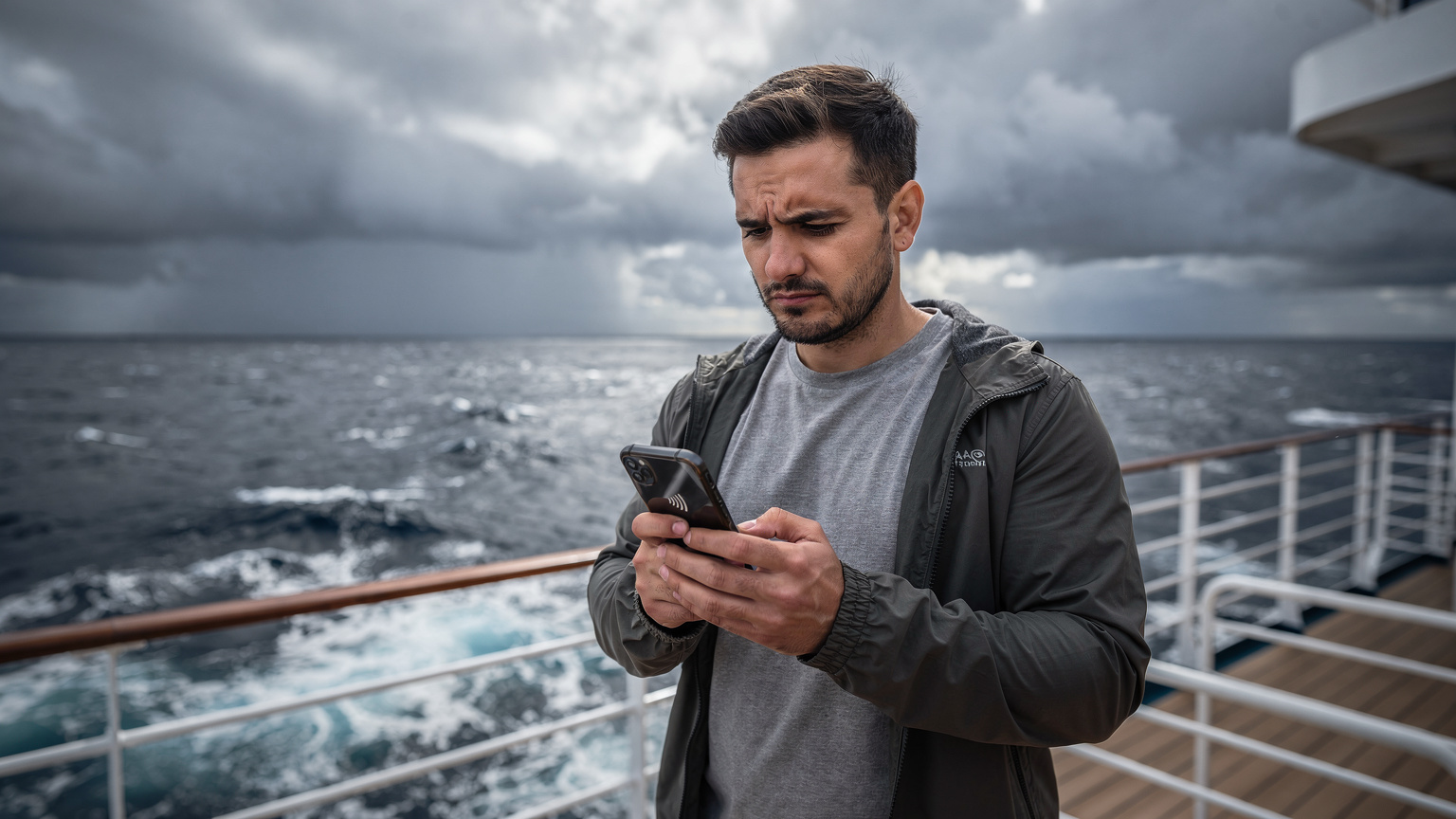 Ein Reisender, der auf einer Kreuzfahrt in Südamerika ist, schaut besorgt auf sein Smartphone, das einen schlechten Empfang anzeigt, während im Hintergrund die raue See zu sehen ist.