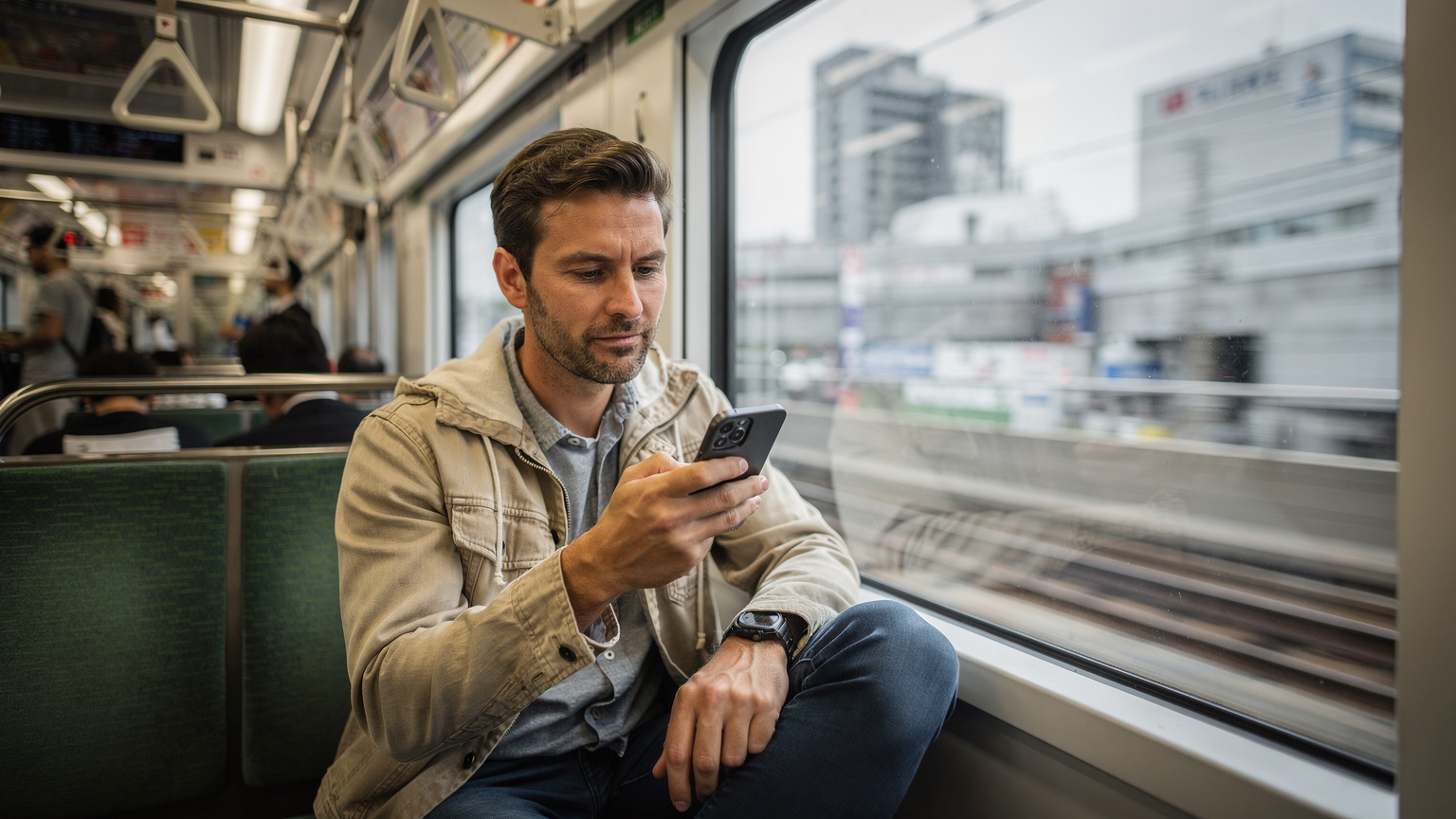 Un turista consulta su mapa en un teléfono mientras viaja en la línea Yamanote de Tokio, con la ventana del tren mostrando el paisaje urbano en movimiento.