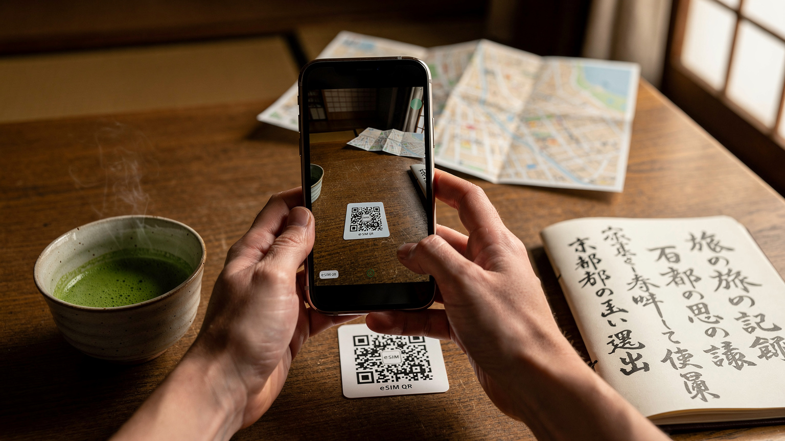 Manos de un viajero utilizando su smartphone para escanear un código QR de eSIM en una cafetería tranquila de Kioto, con una taza de té verde y un cuaderno de viaje cerca.