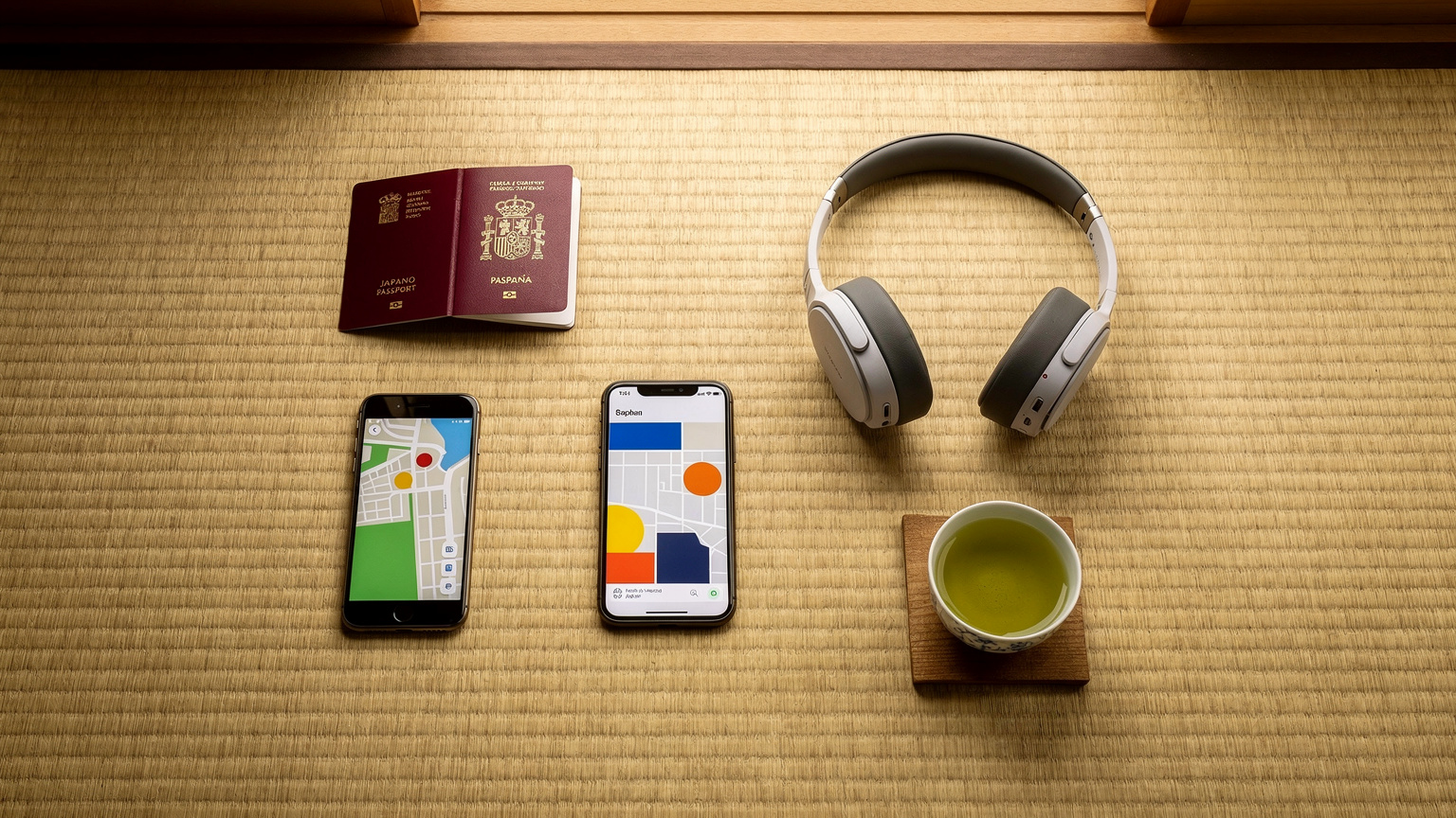 Un plano cenital de una mesa en un ryokan tradicional japonés, mostrando un pasaporte español, un smartphone con un mapa abierto, unos auriculares de viaje y una taza de té verde, sobre una estera de tatami.